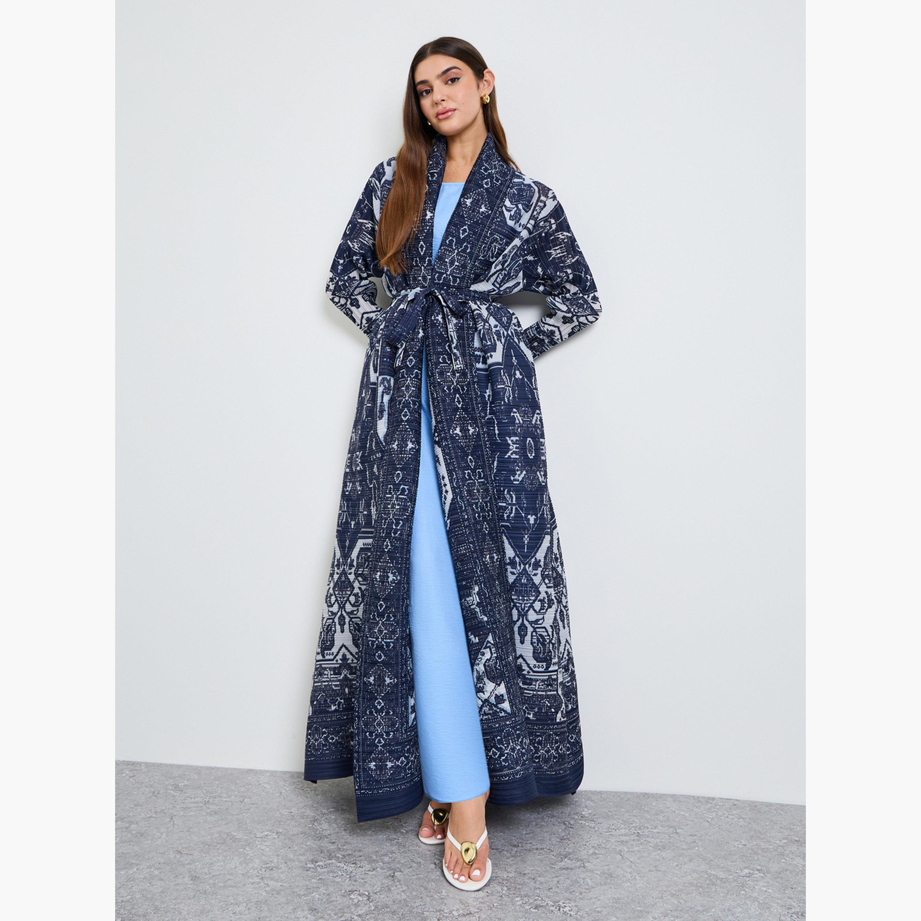 Take Two Dark Blue All Over Print Plisse Abaya with Tie-Belt-women-arabicclothing-abayas-image-3