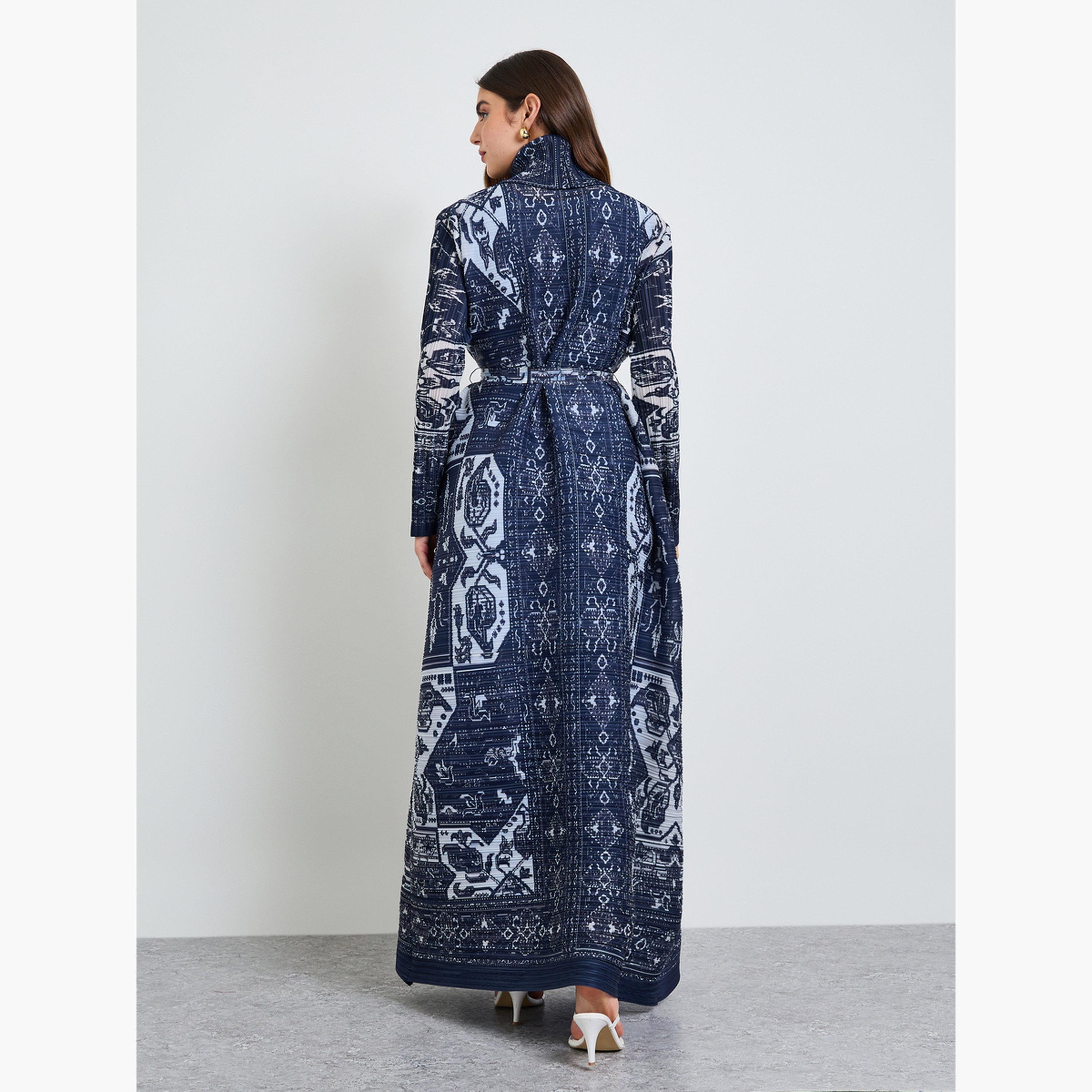 Take Two Dark Blue All Over Print Plisse Abaya with Tie-Belt-women-arabicclothing-abayas-image-4