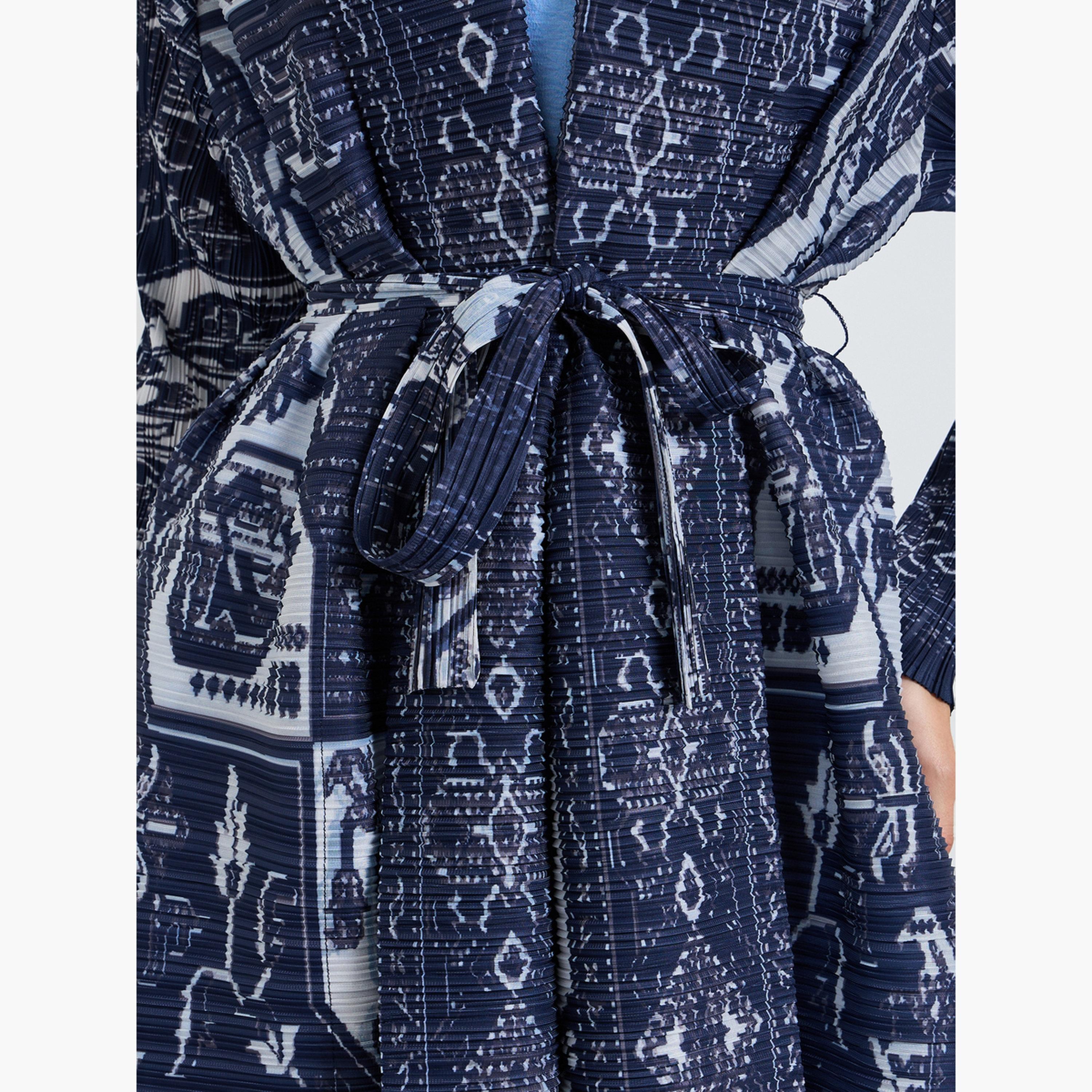 Take Two Dark Blue All Over Print Plisse Abaya with Tie-Belt-women-arabicclothing-abayas-image-5