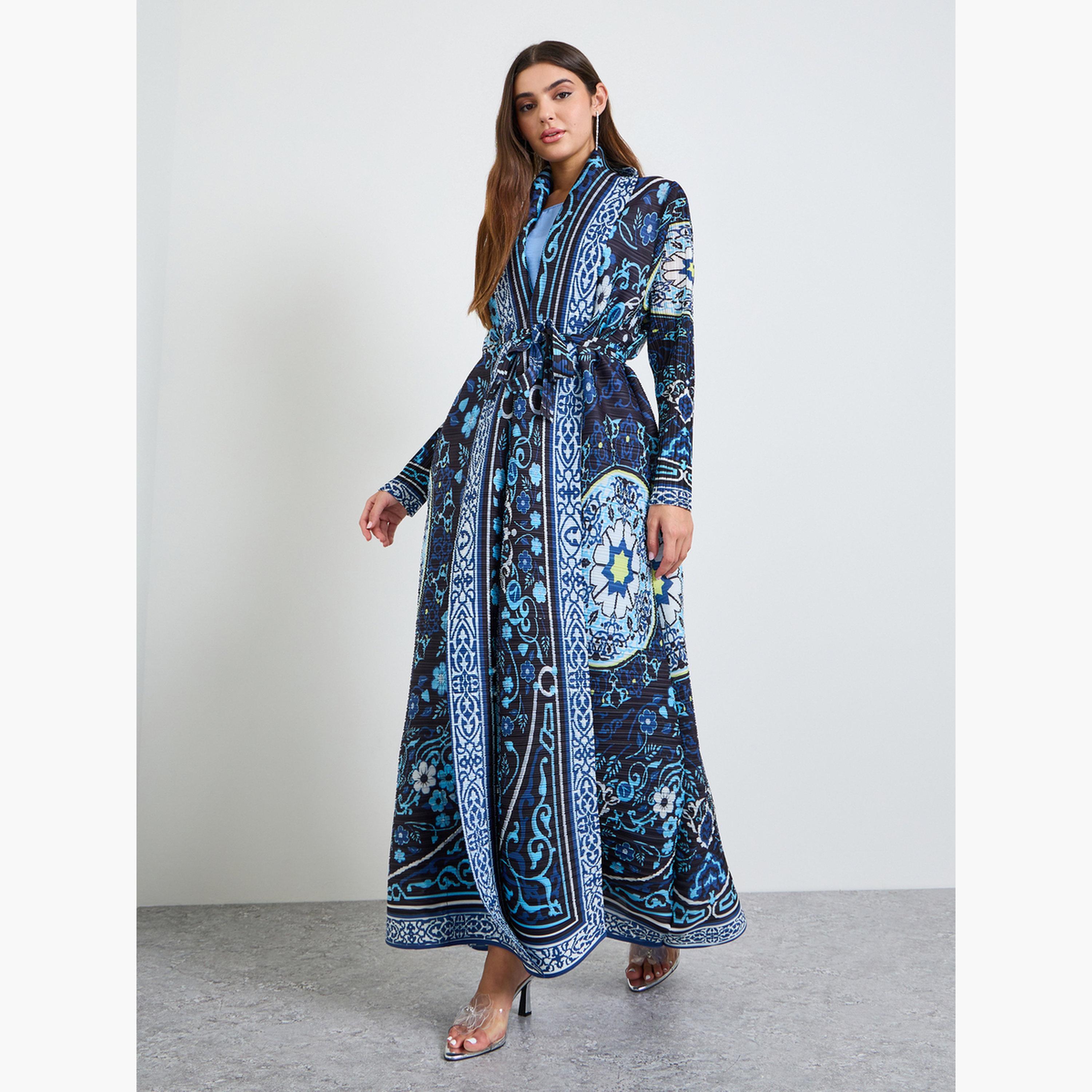 Take Two Navy Blue All Over Print Plisse Abaya with Tie-Belt-women-arabicclothing-abayas-image-1
