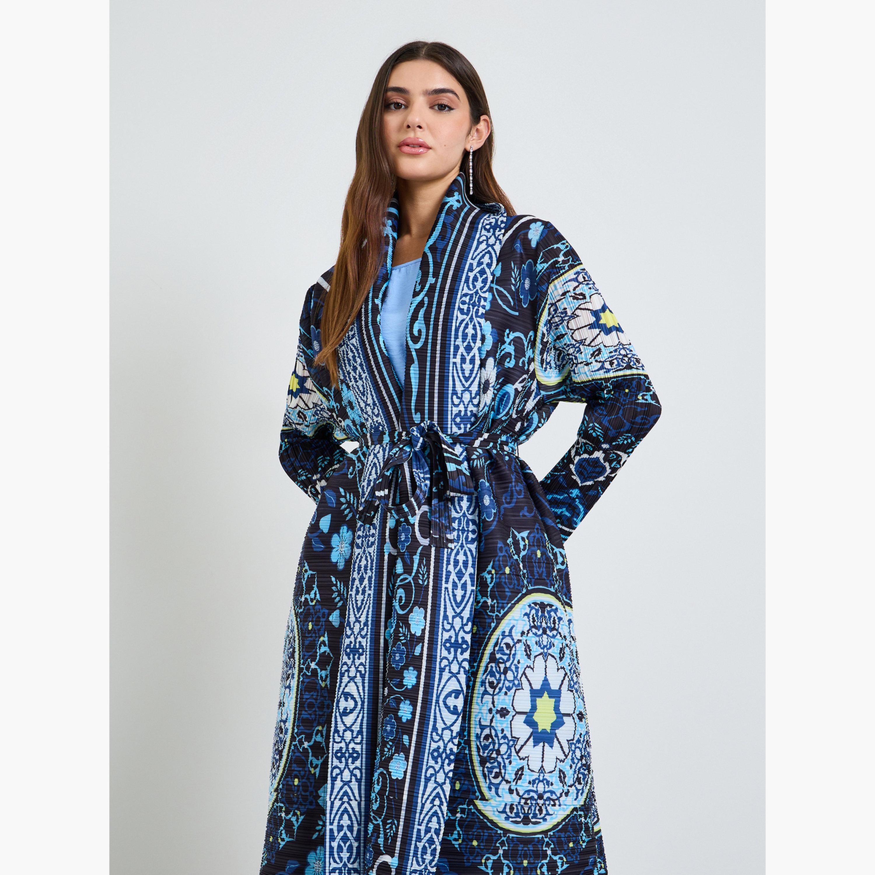 Take Two Navy Blue All Over Print Plisse Abaya with Tie-Belt-women-arabicclothing-abayas-image-2