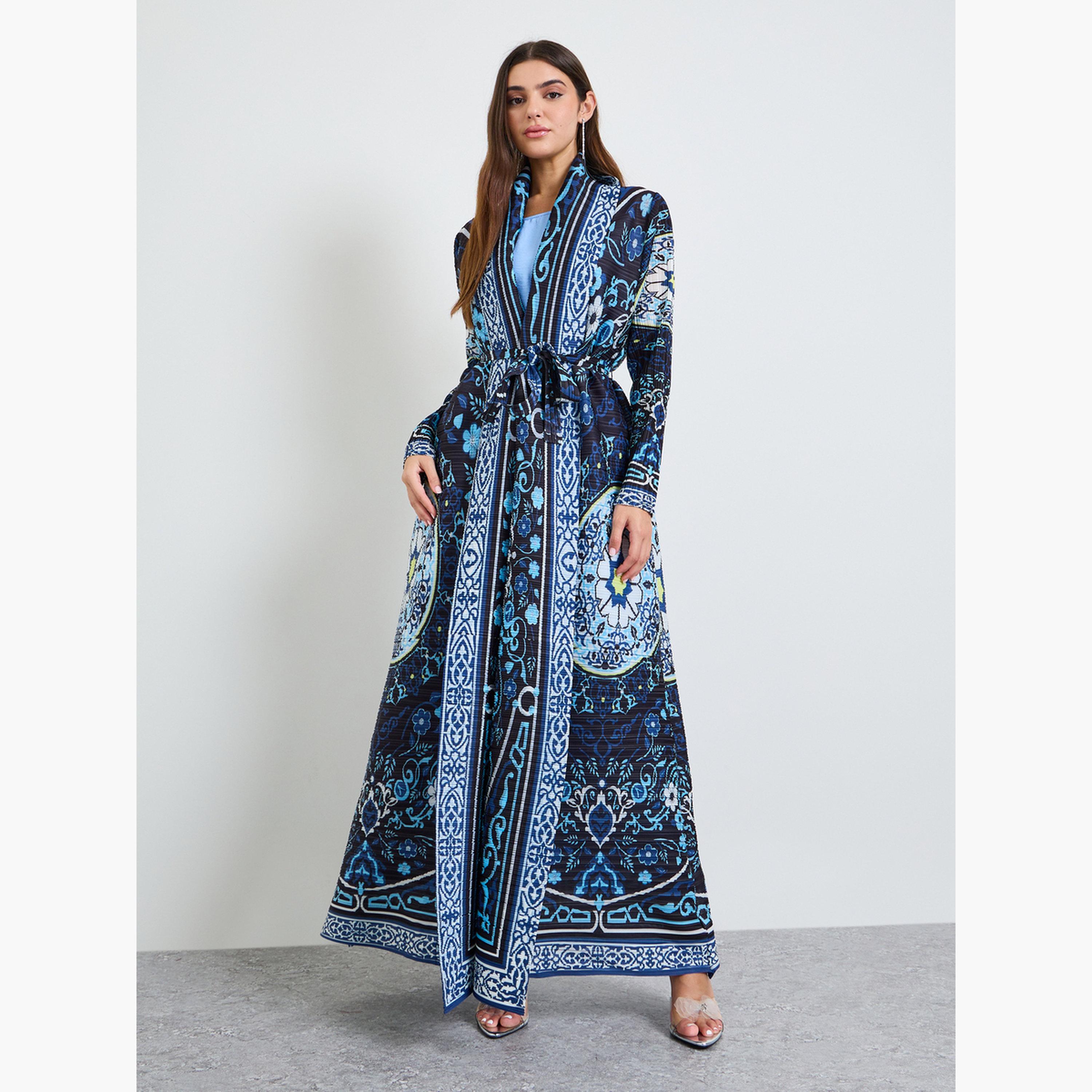 Take Two Navy Blue All Over Print Plisse Abaya with Tie-Belt-women-arabicclothing-abayas-image-3