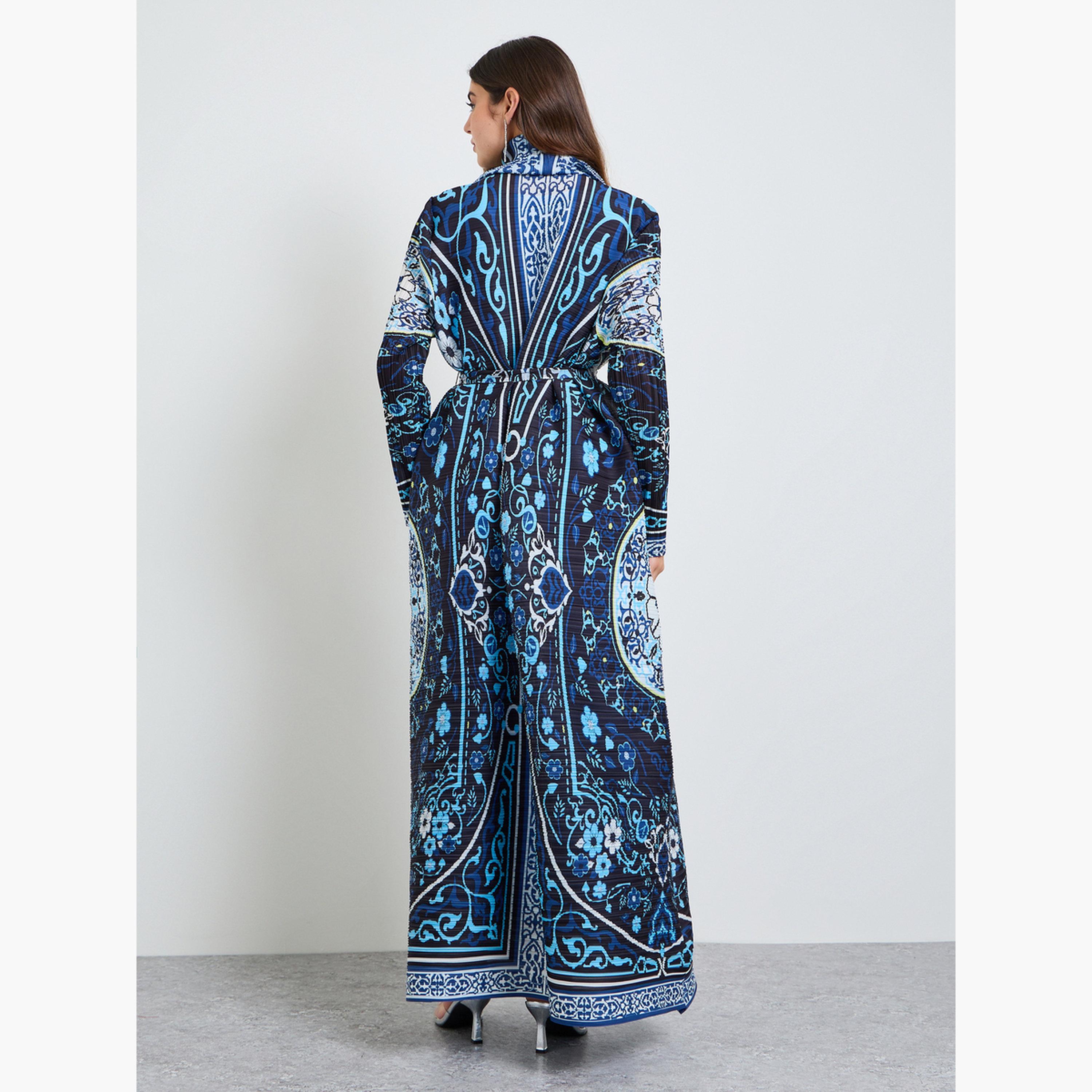 Take Two Navy Blue All Over Print Plisse Abaya with Tie-Belt-women-arabicclothing-abayas-image-4