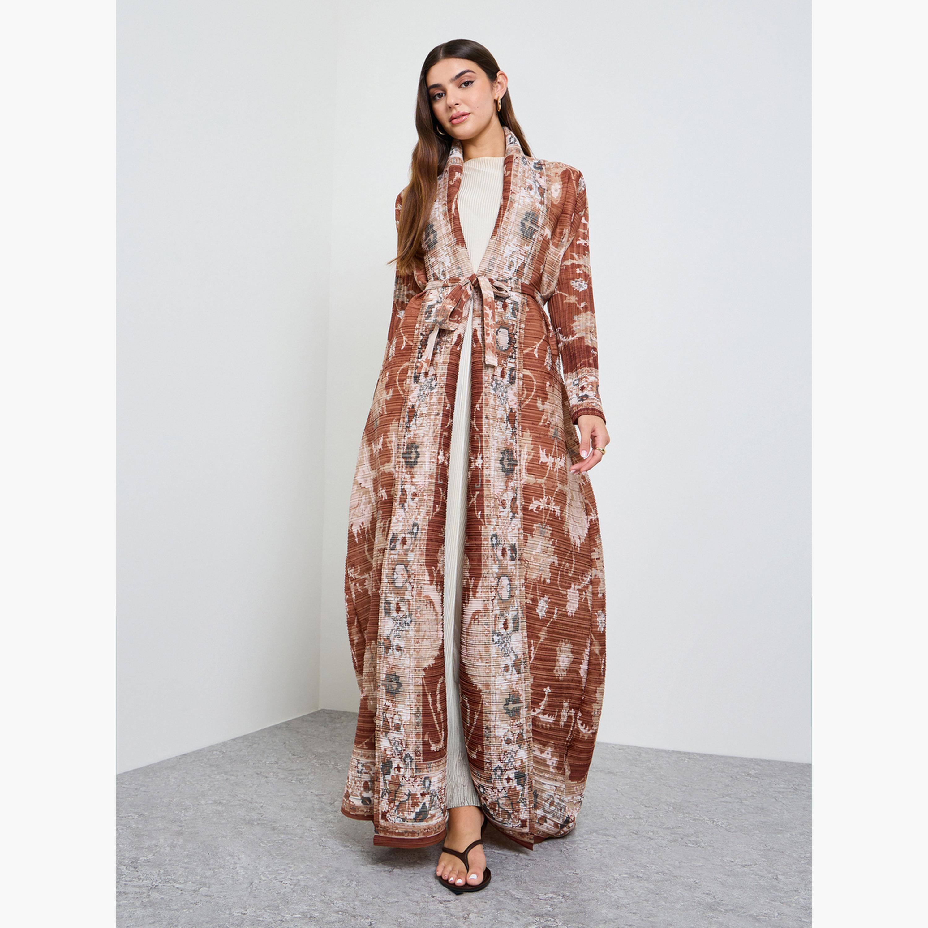 Take Two Brown All Over Print Plisse Abaya with Tie-Belt-women-arabicclothing-abayas-image-1