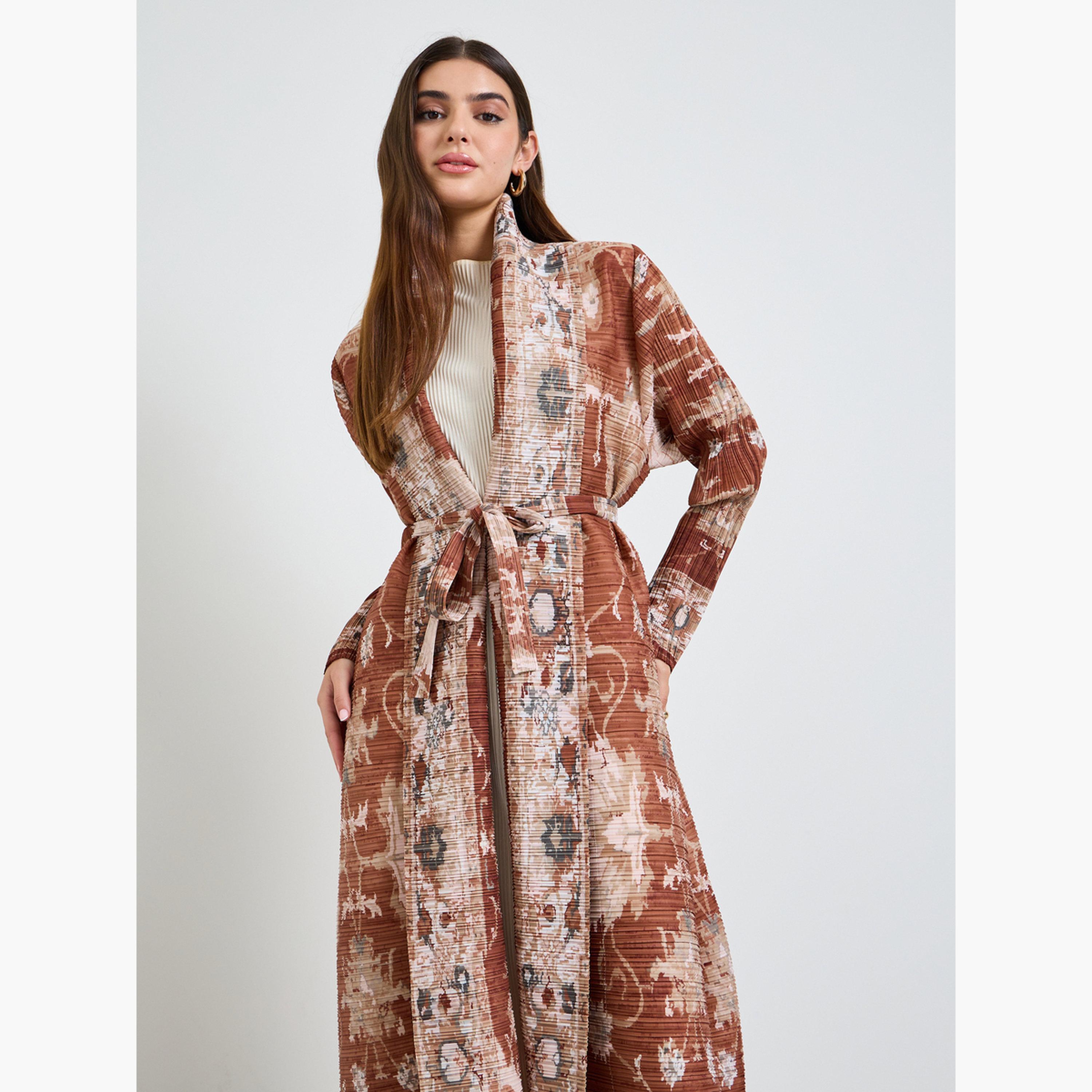 Take Two Brown All Over Print Plisse Abaya with Tie-Belt-women-arabicclothing-abayas-image-2