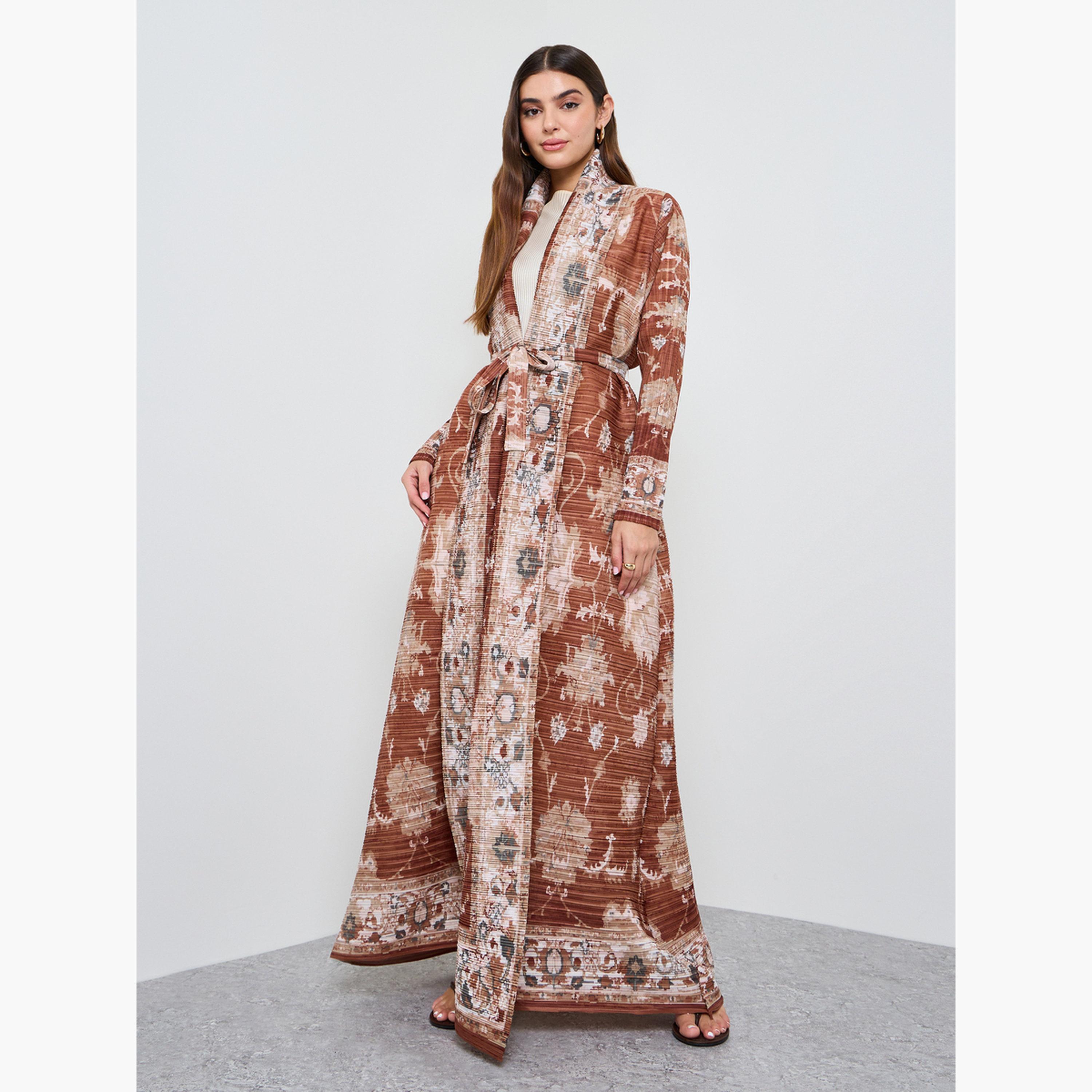 Take Two Brown All Over Print Plisse Abaya with Tie-Belt-women-arabicclothing-abayas-image-3