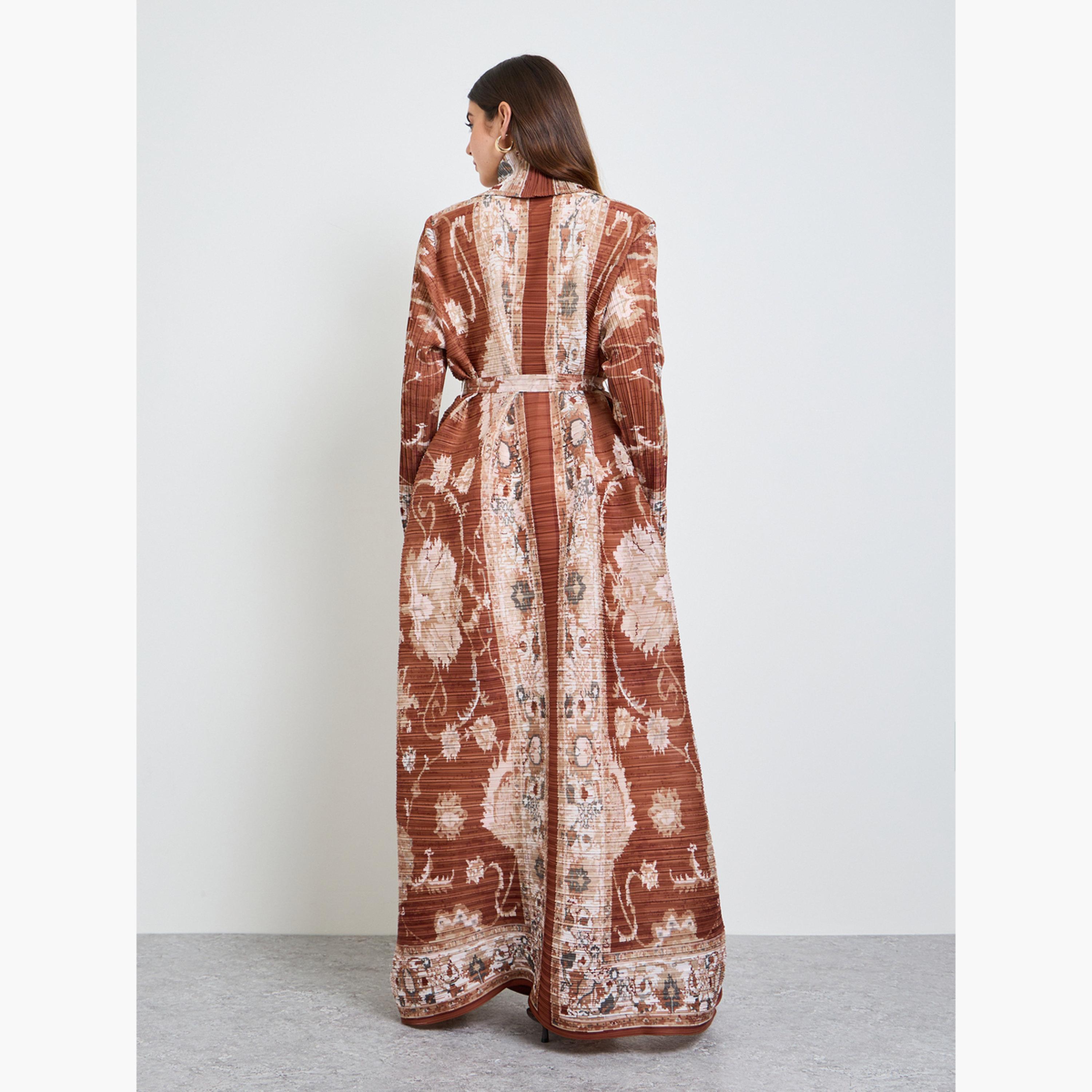 Take Two Brown All Over Print Plisse Abaya with Tie-Belt-women-arabicclothing-abayas-image-4