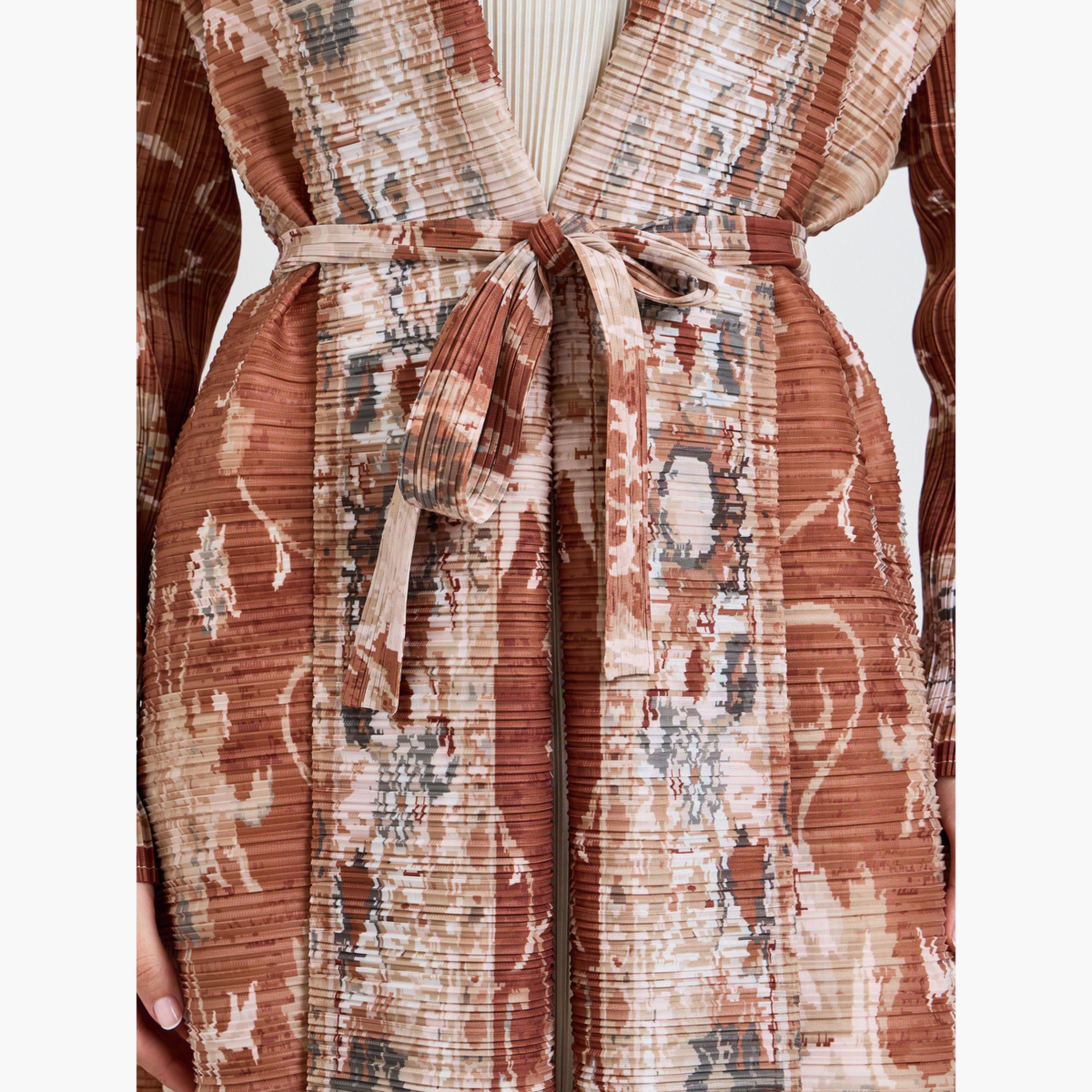Take Two Brown All Over Print Plisse Abaya with Tie-Belt-women-arabicclothing-abayas-image-5