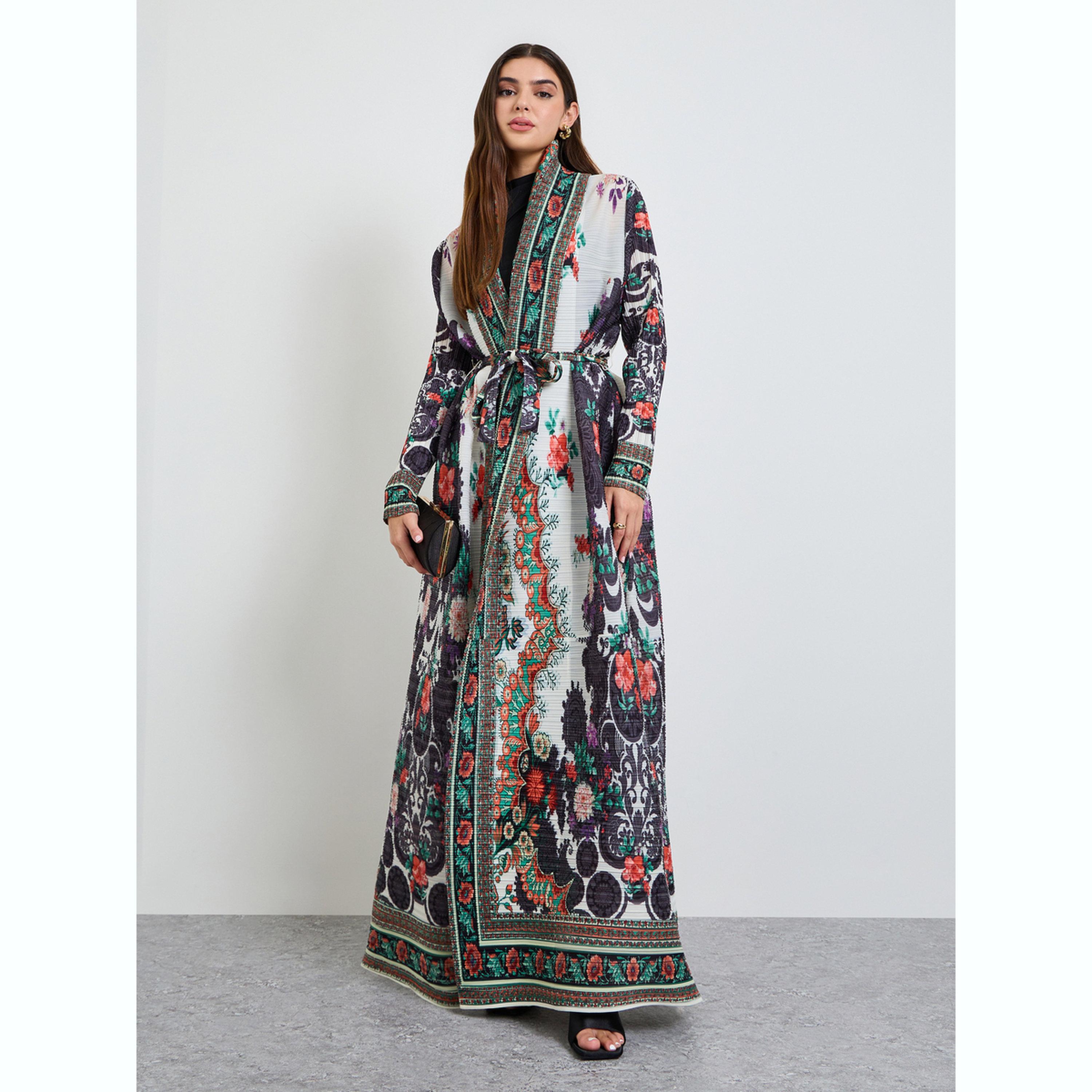 Take Two Printed Textured Pleated Open Front Abaya-women-arabicclothing-abayas-image-1