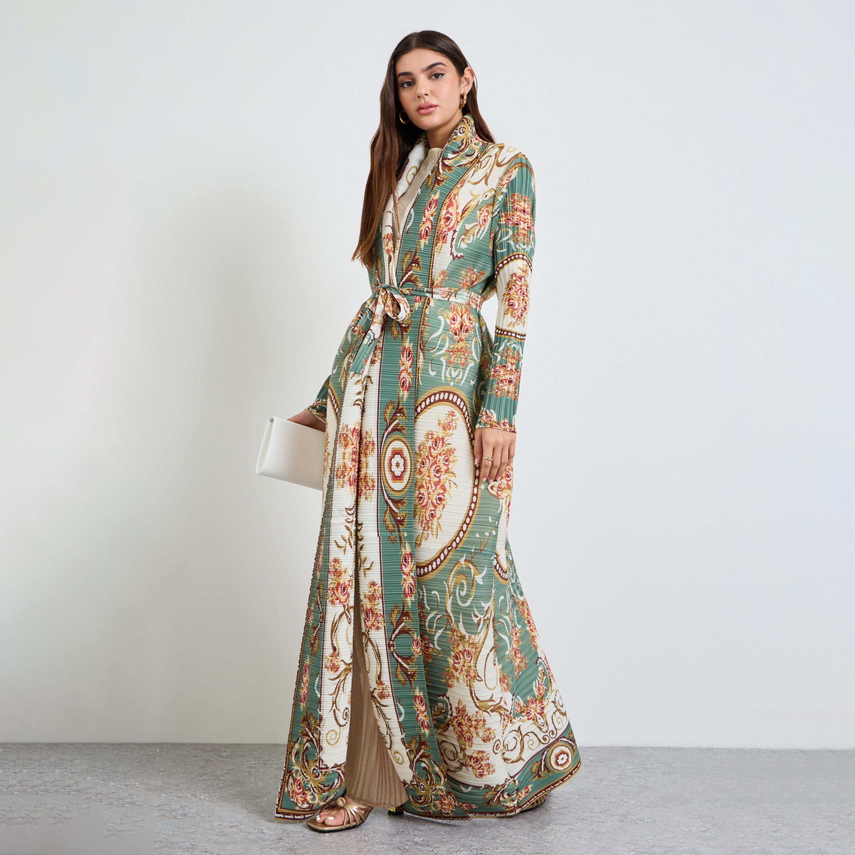 Take Two Green All Over Print Plisse Abaya with Tie-Belt-women-arabicclothing-abayas-image-1