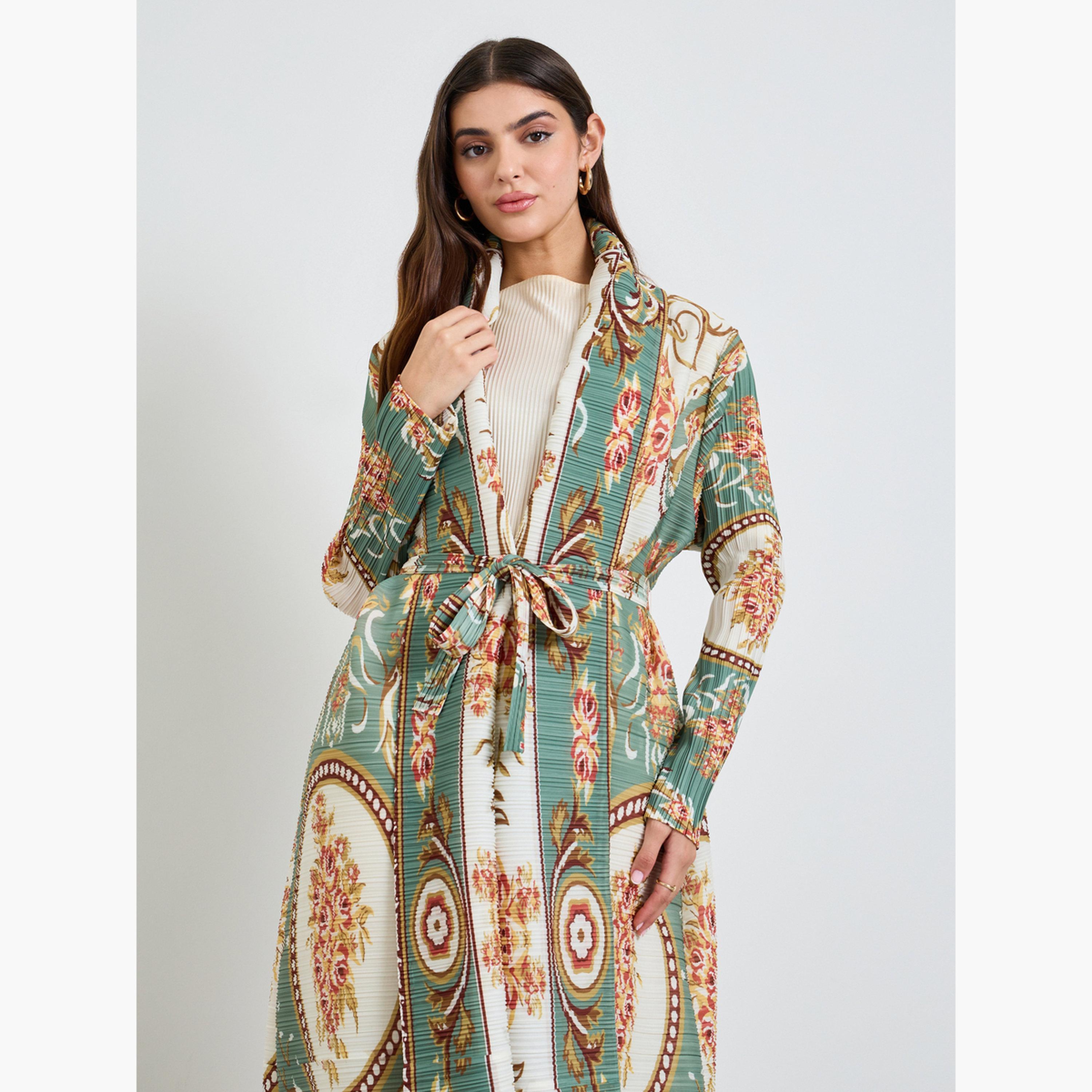 Take Two Green All Over Print Plisse Abaya with Tie-Belt-women-arabicclothing-abayas-image-2