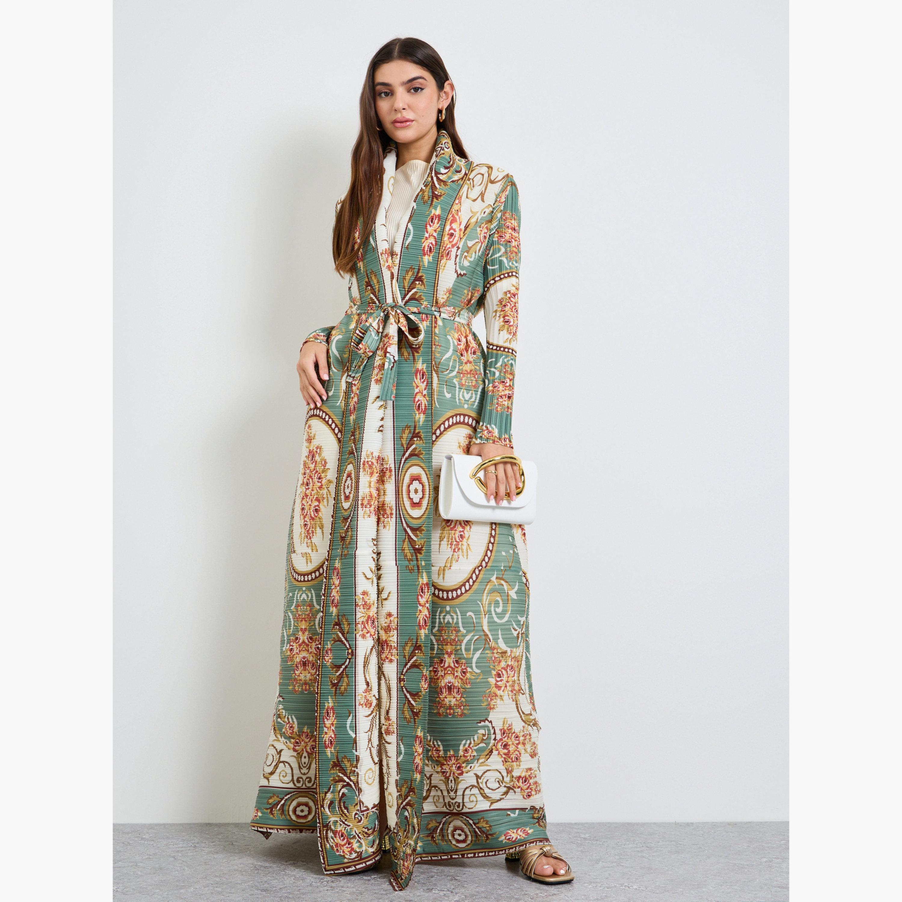 Take Two Green All Over Print Plisse Abaya with Tie-Belt-women-arabicclothing-abayas-image-3