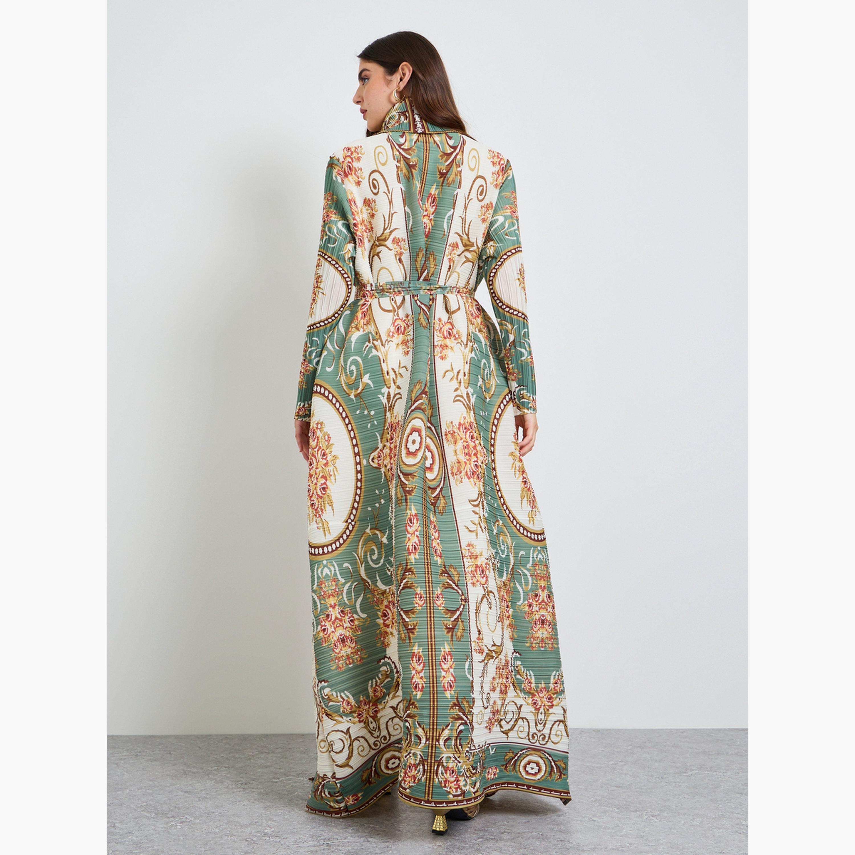 Take Two Green All Over Print Plisse Abaya with Tie-Belt-women-arabicclothing-abayas-image-4