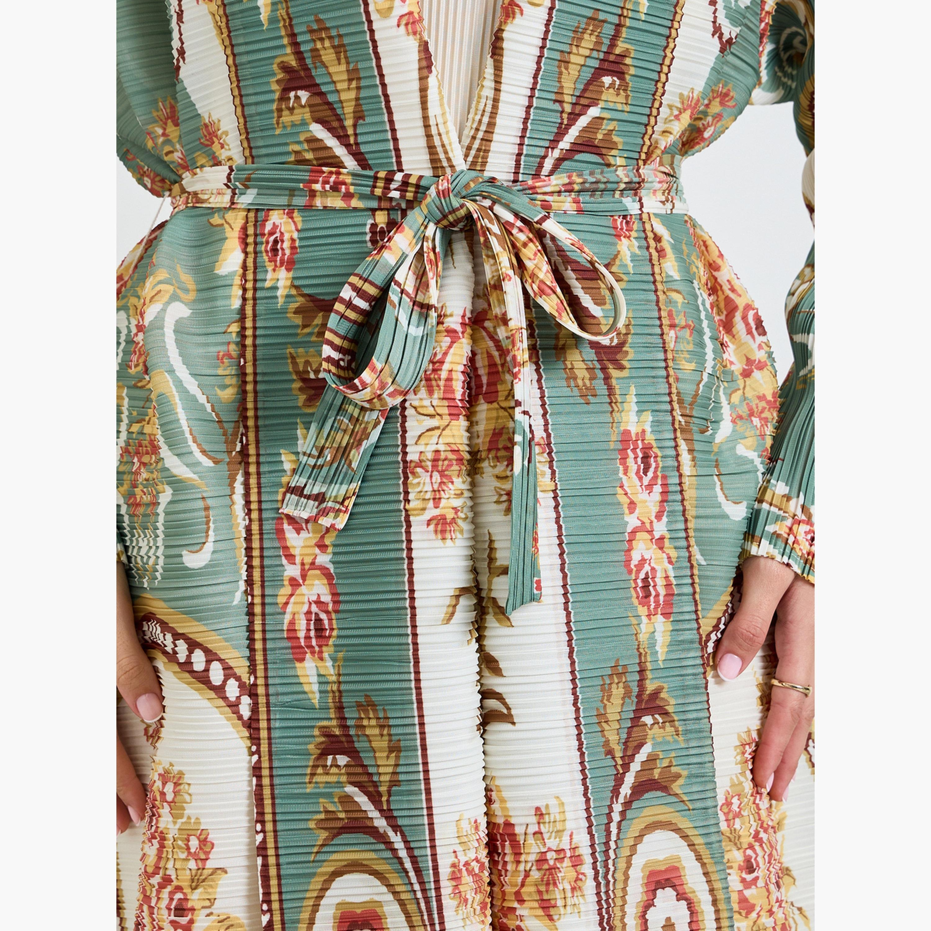 Take Two Green All Over Print Plisse Abaya with Tie-Belt-women-arabicclothing-abayas-image-5