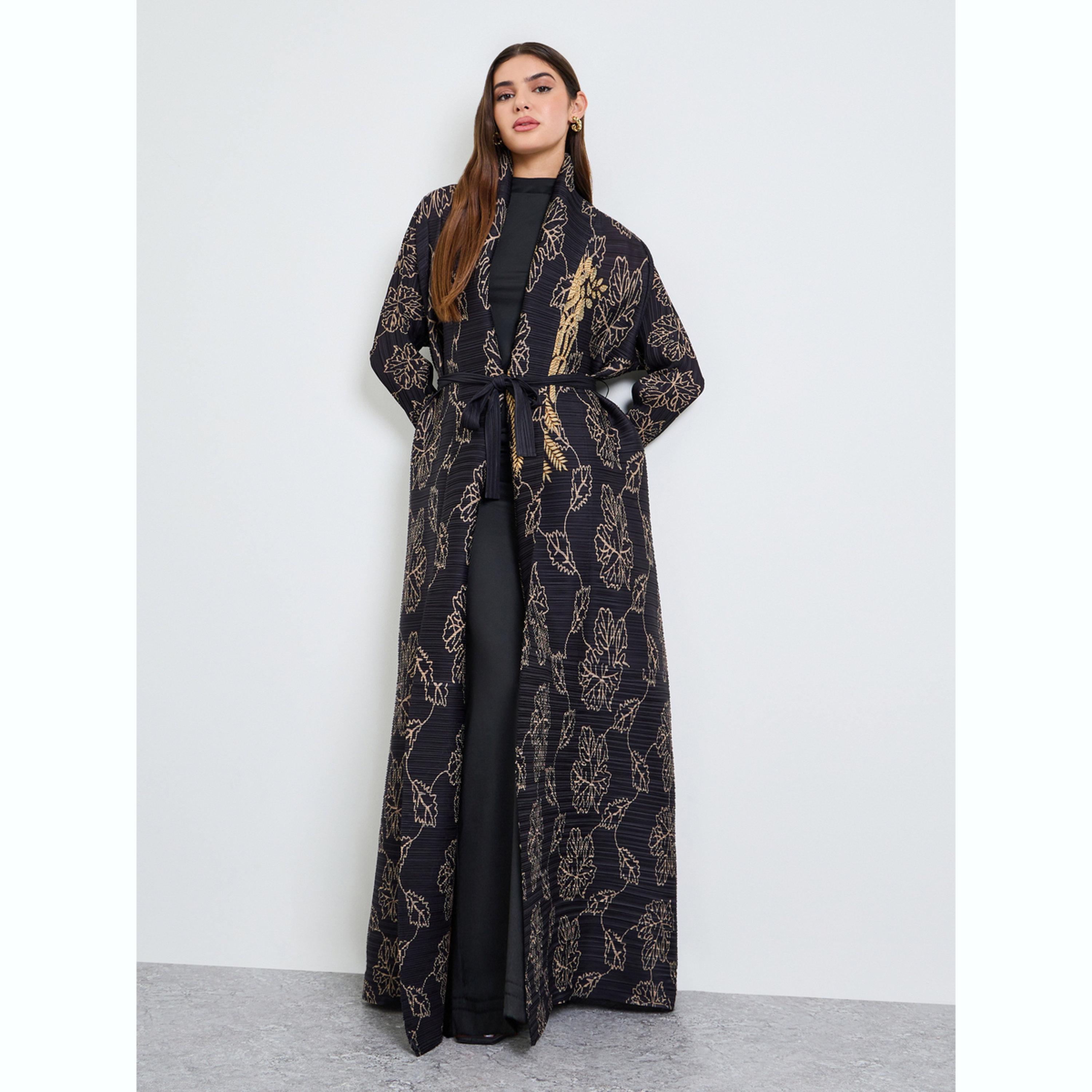 عباية مفتوحة من الأمام بكسرات وتفاصيل بارزة الملمس بطبعة زهور-women-arabicclothing-abayas-image-1