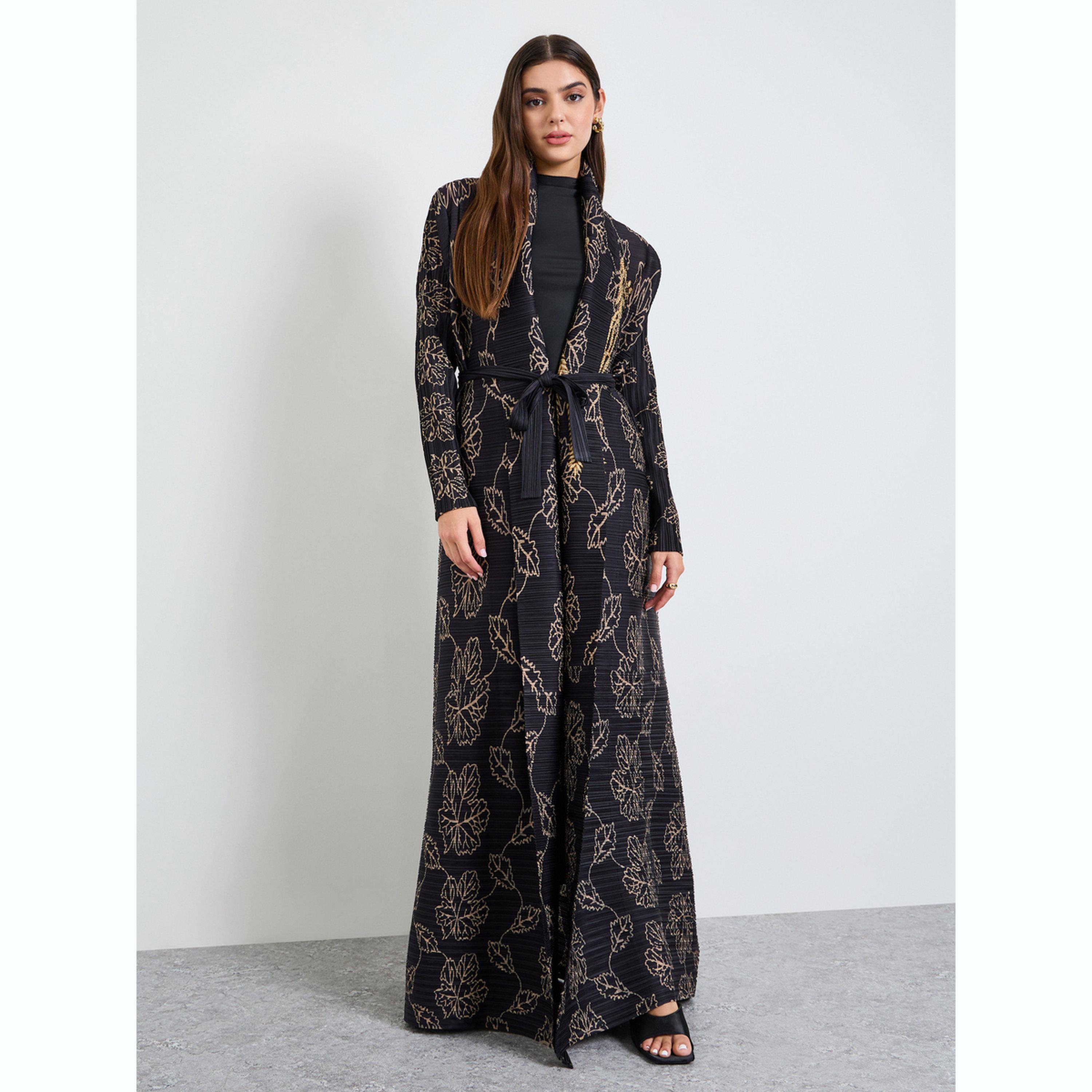 عباية مفتوحة من الأمام بكسرات وتفاصيل بارزة الملمس بطبعة زهور-women-arabicclothing-abayas-image-3