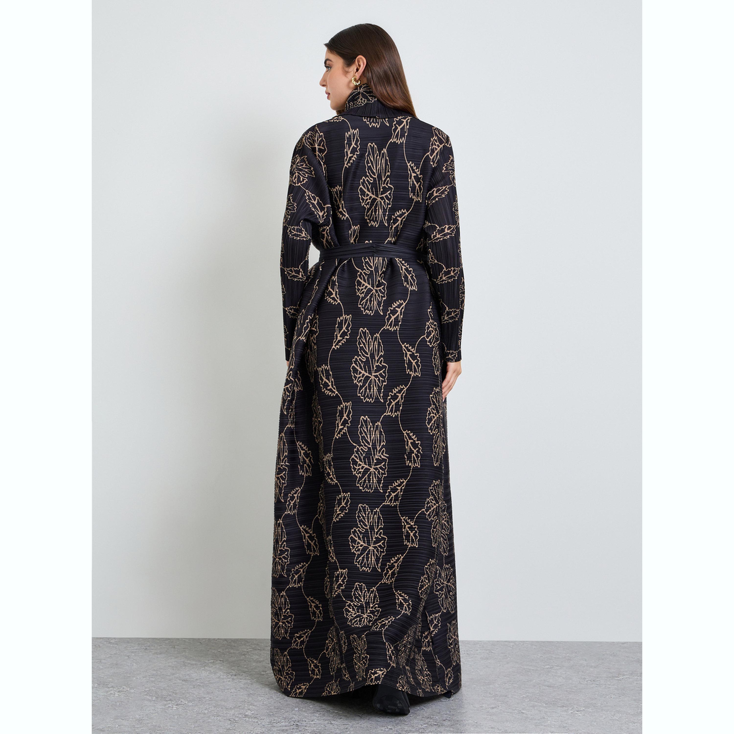 عباية مفتوحة من الأمام بكسرات وتفاصيل بارزة الملمس بطبعة زهور-women-arabicclothing-abayas-image-4