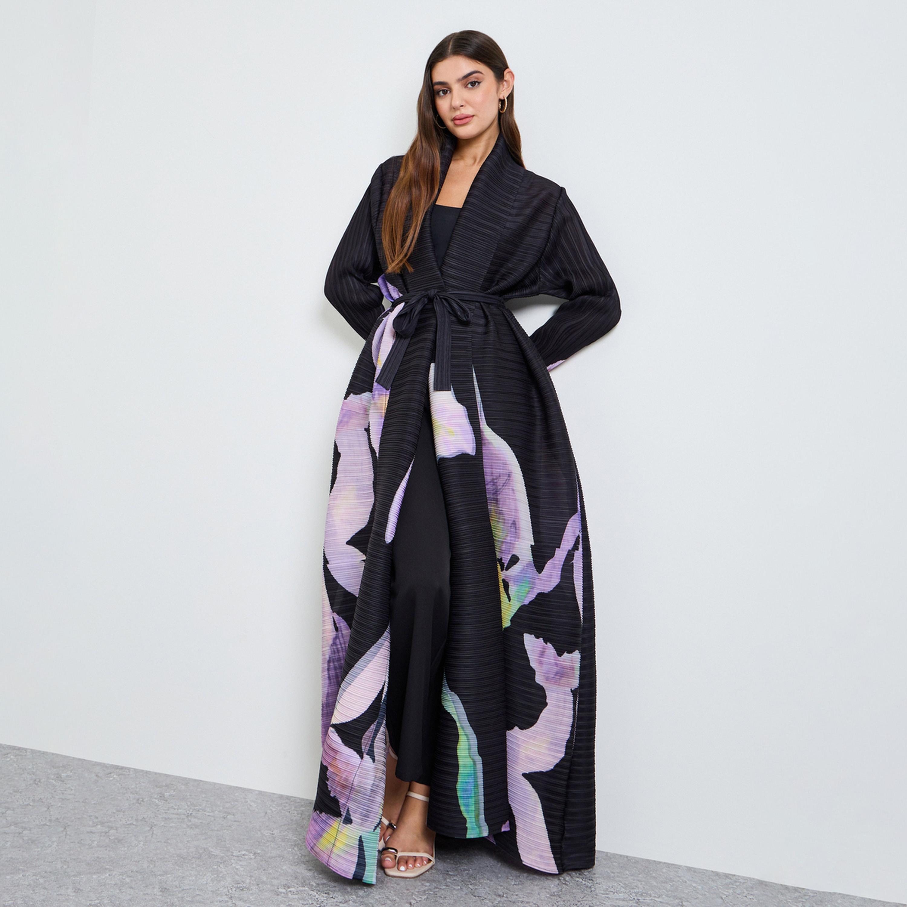 Take Two Floral Print Waist-Tie Open Front Abaya-women-arabicclothing-abayas-image-1