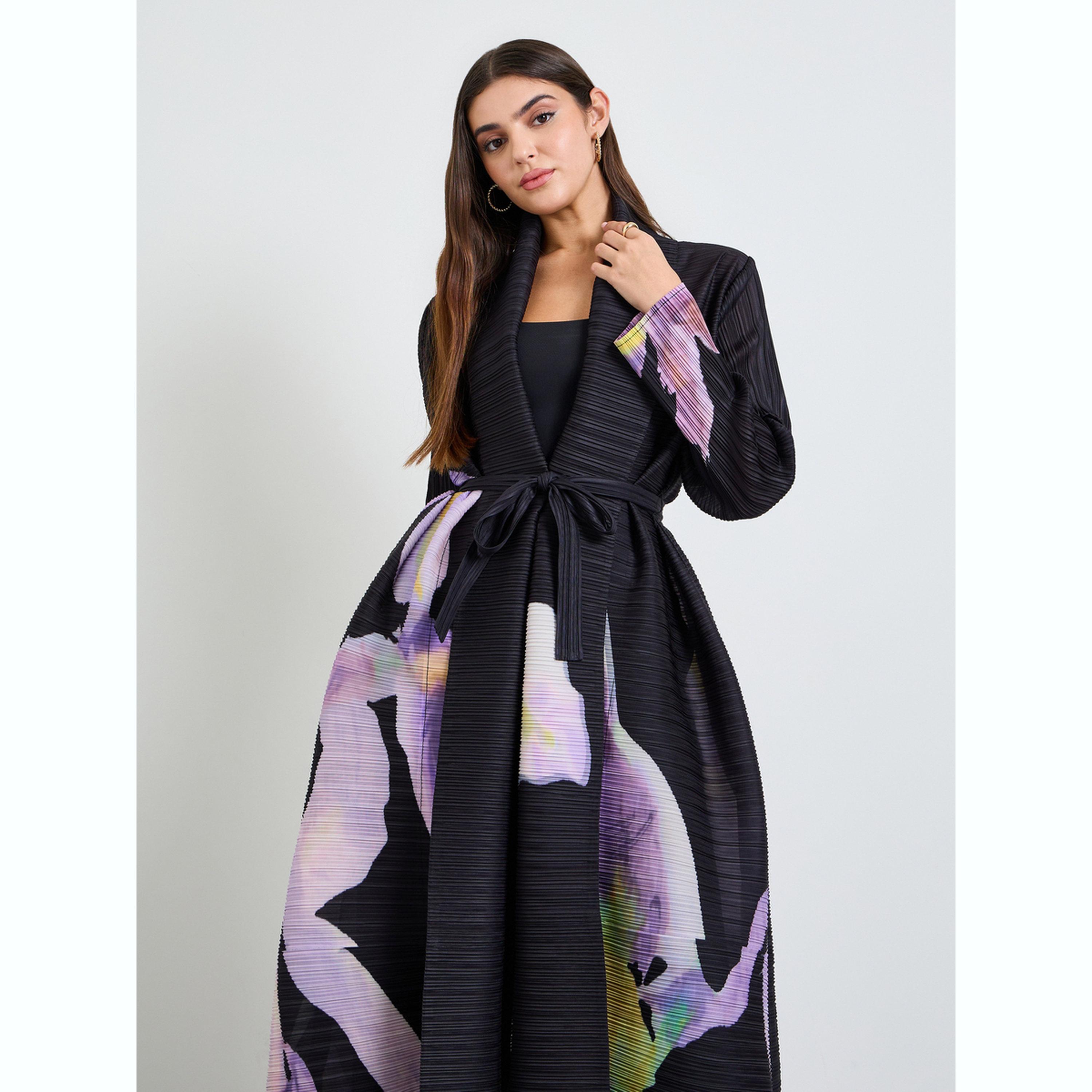 Take Two Floral Print Waist-Tie Open Front Abaya-women-arabicclothing-abayas-image-2
