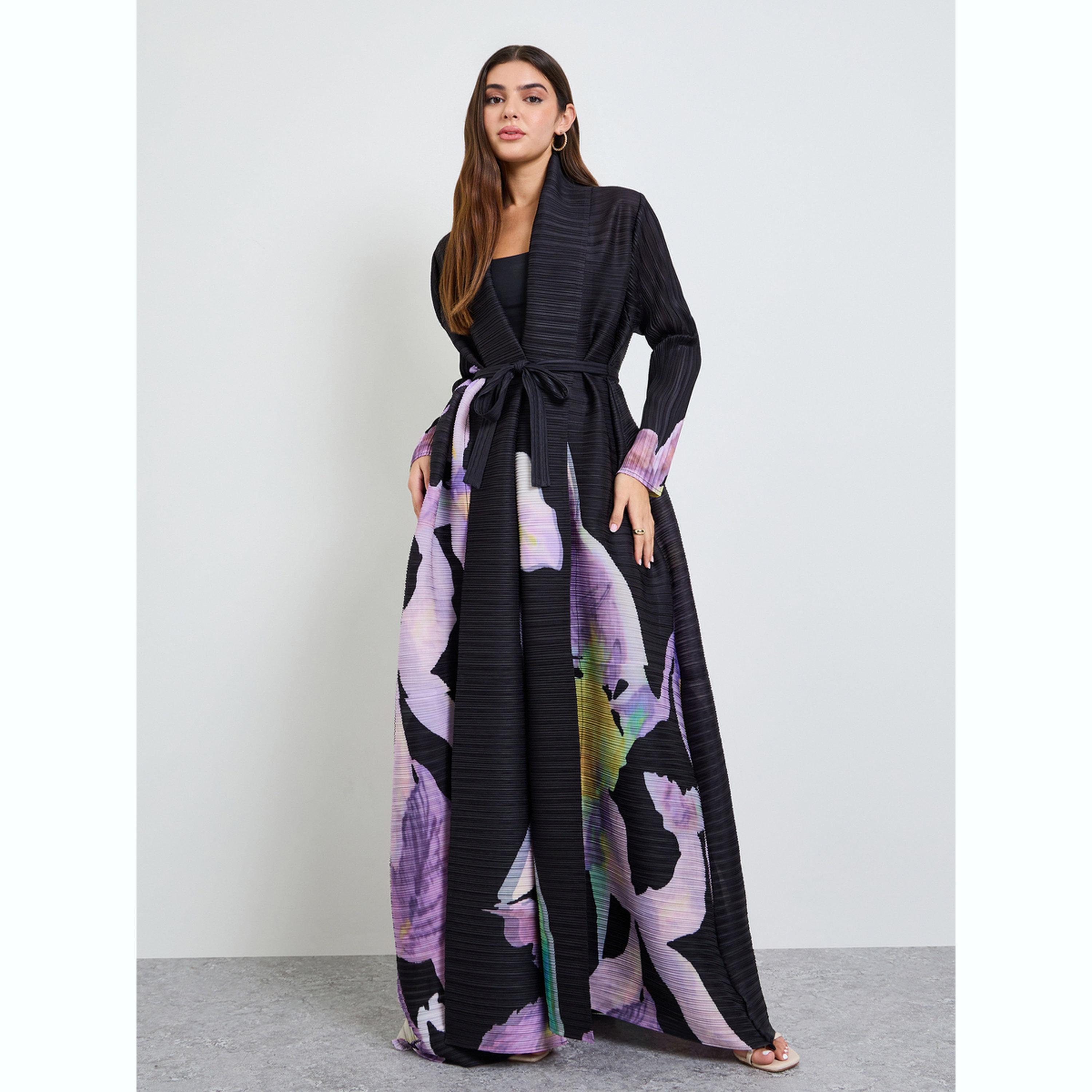 Take Two Floral Print Waist-Tie Open Front Abaya-women-arabicclothing-abayas-image-3
