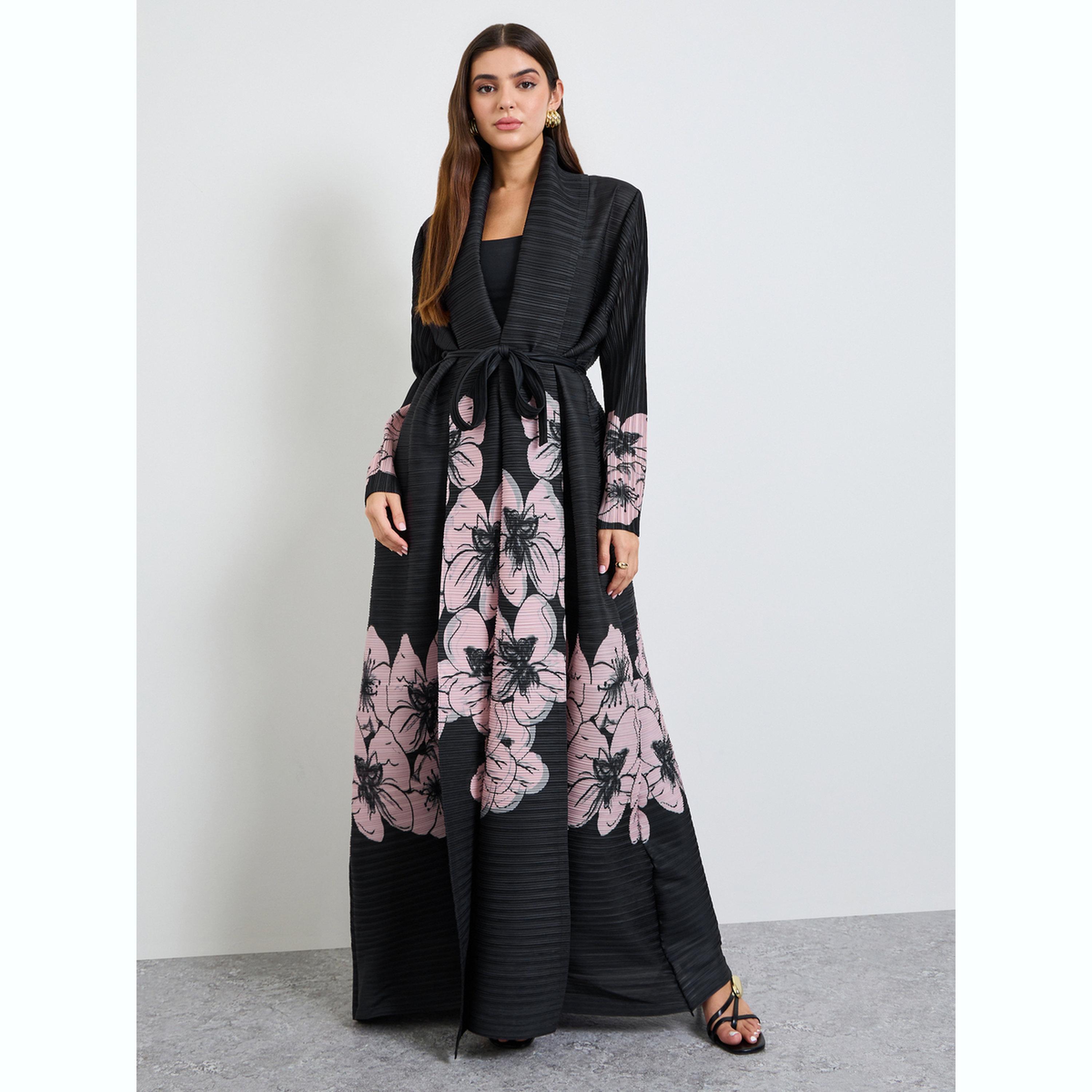 عباية مفتوحة من الأمام برباط خصر وطبعة زهور-women-arabicclothing-abayas-image-1