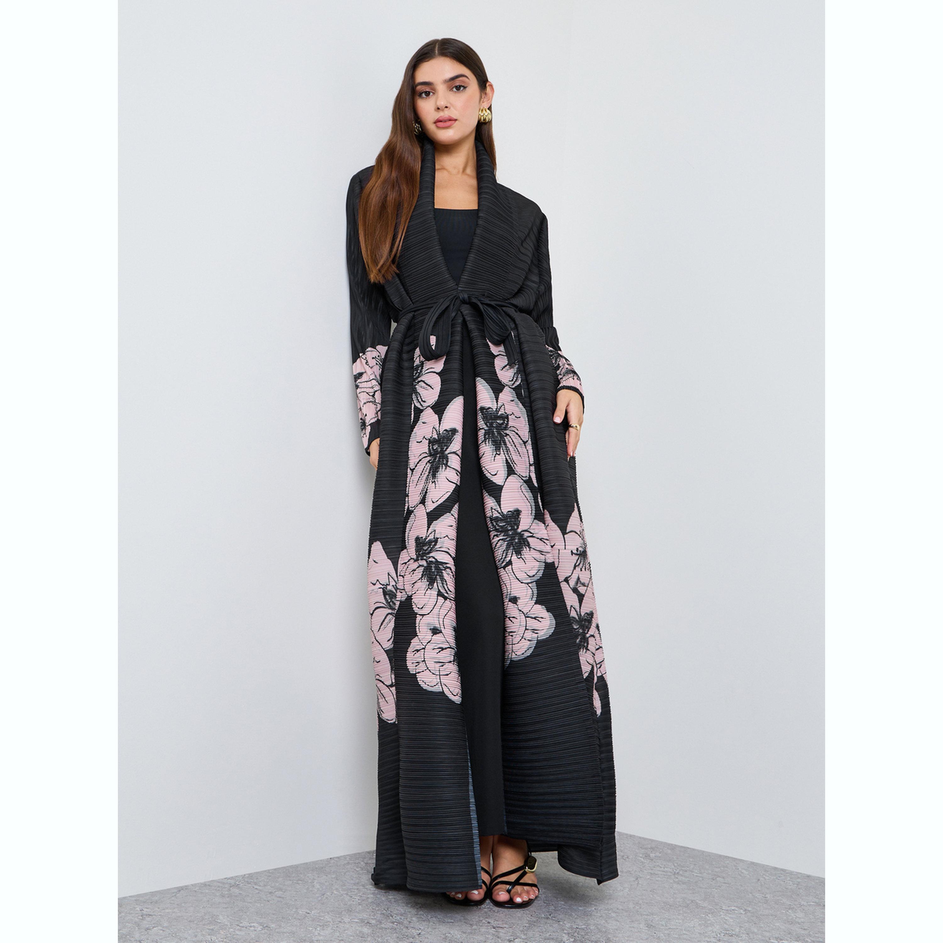 عباية مفتوحة من الأمام برباط خصر وطبعة زهور-women-arabicclothing-abayas-image-3