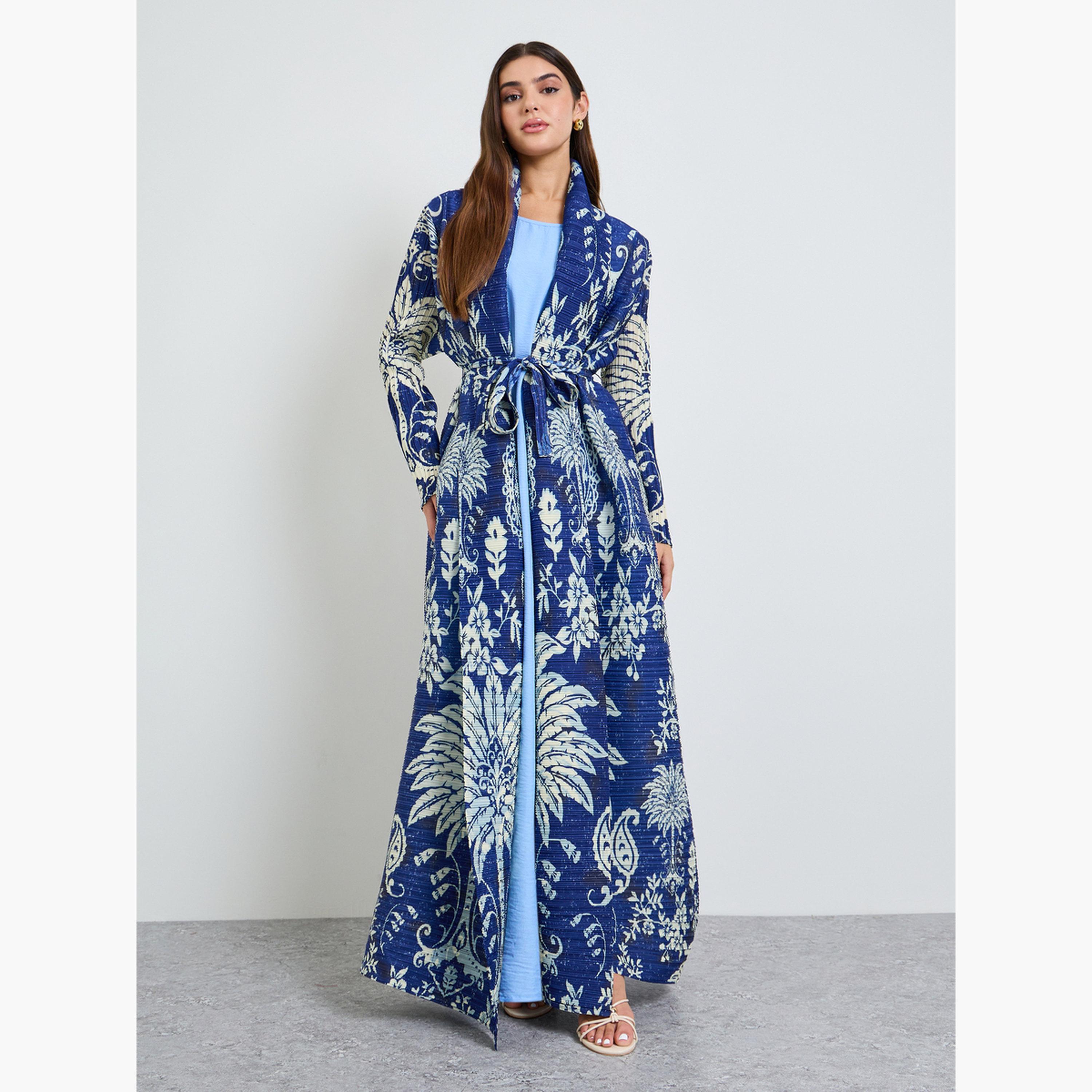 Take Two Blue All Over Print Plisse Abaya with Tie-Belt-women-arabicclothing-abayas-image-1