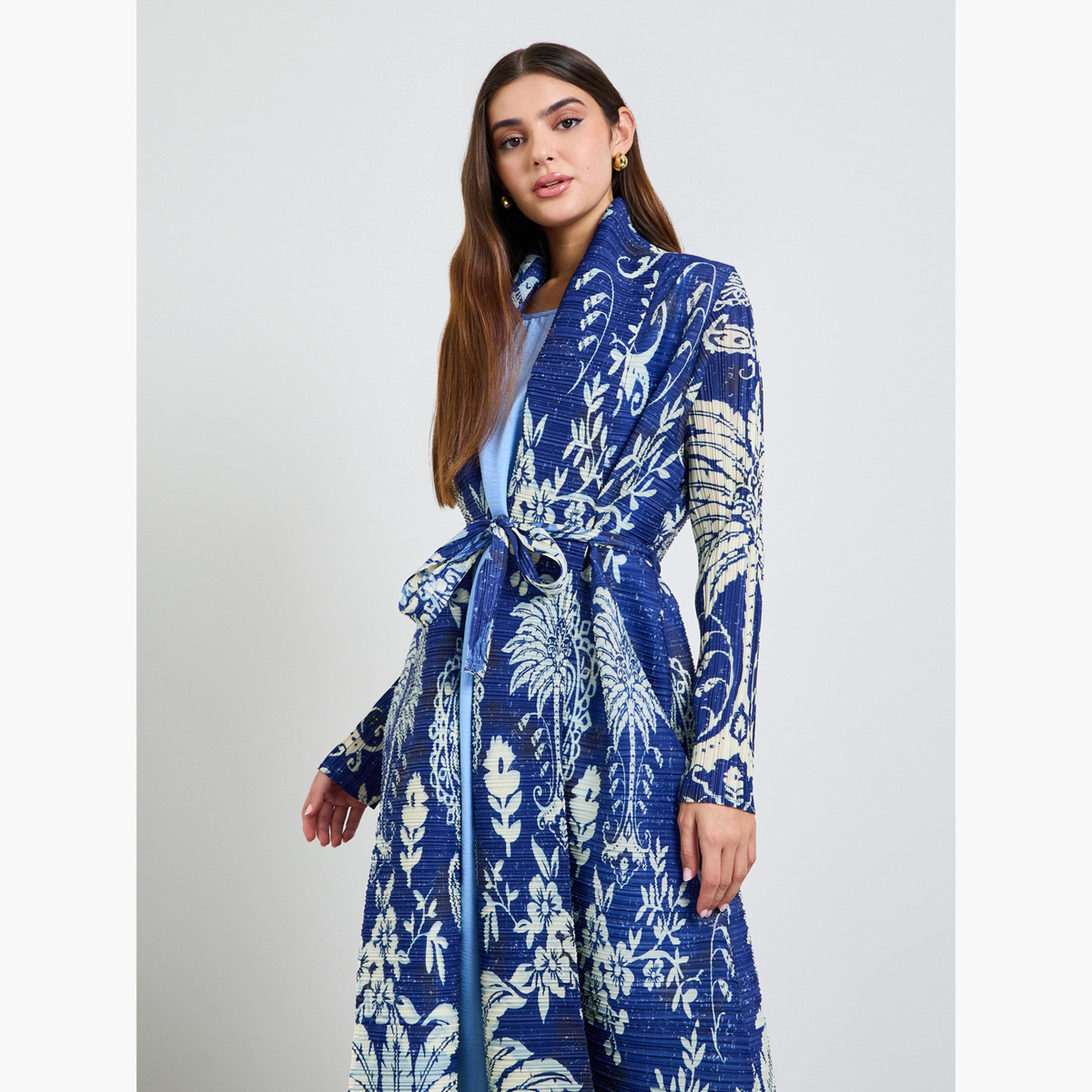 Take Two Blue All Over Print Plisse Abaya with Tie-Belt-women-arabicclothing-abayas-image-2
