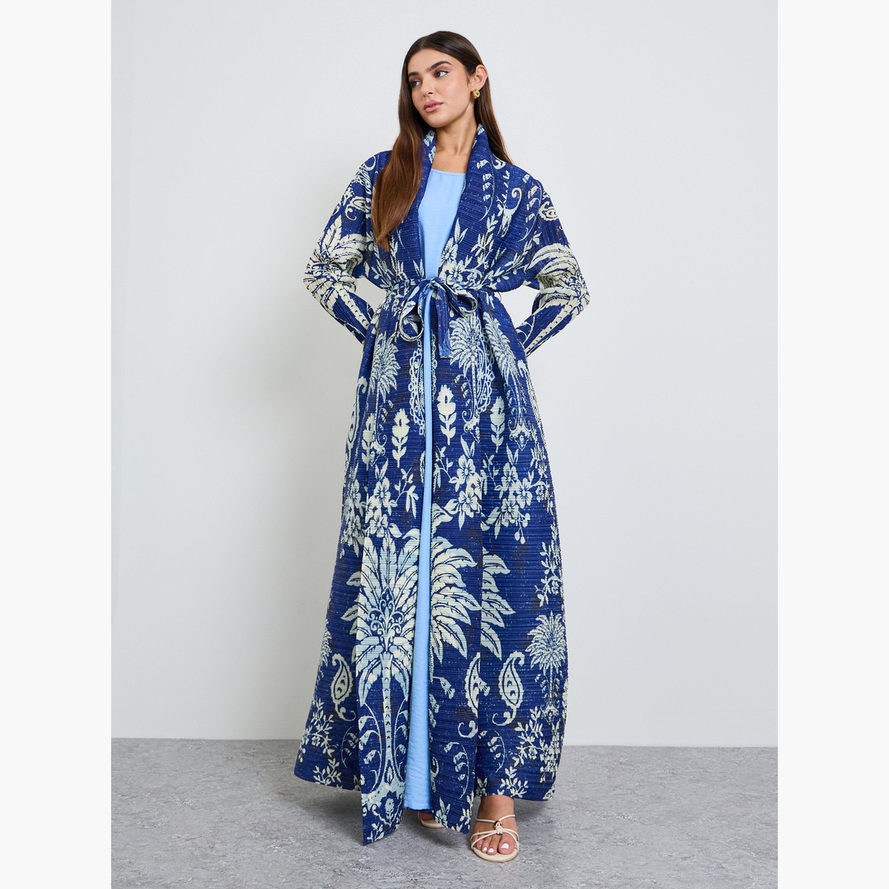 Take Two Blue All Over Print Plisse Abaya with Tie-Belt-women-arabicclothing-abayas-image-3