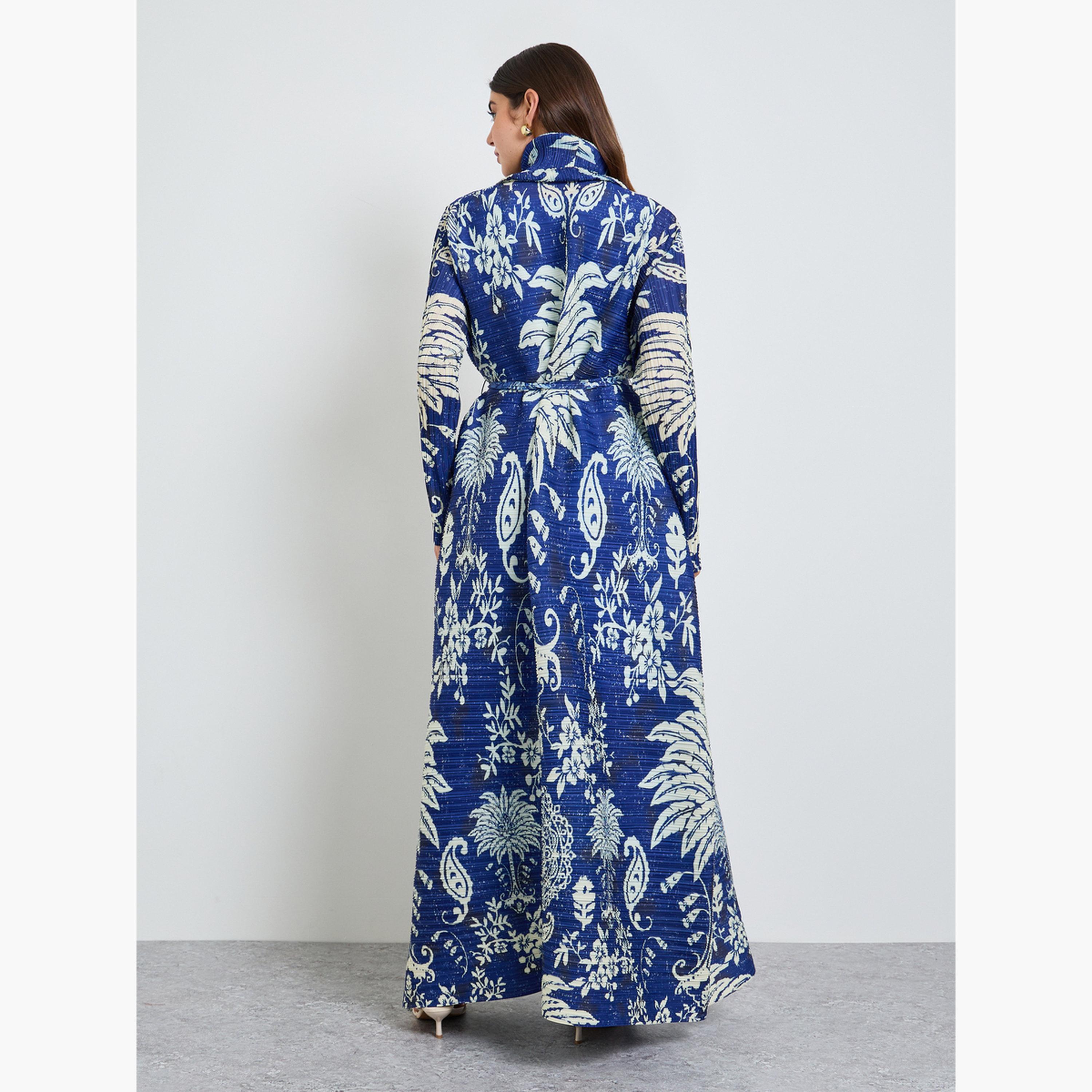 Take Two Blue All Over Print Plisse Abaya with Tie-Belt-women-arabicclothing-abayas-image-4