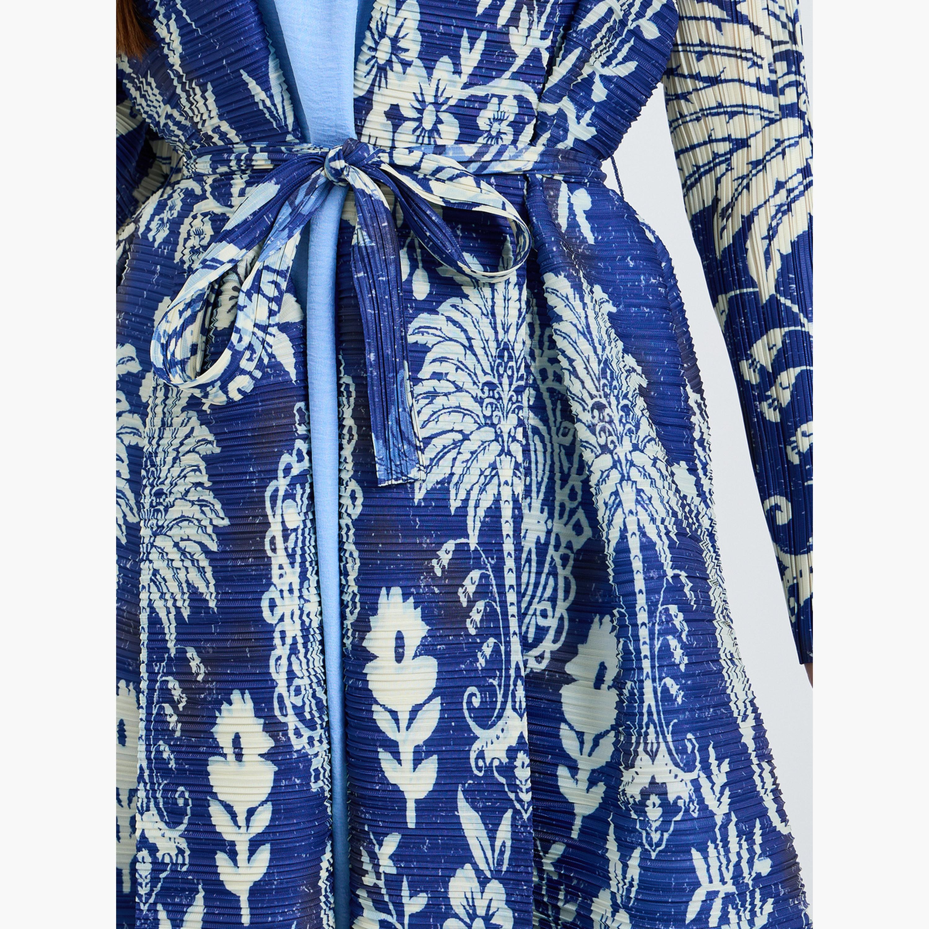 Take Two Blue All Over Print Plisse Abaya with Tie-Belt-women-arabicclothing-abayas-image-5