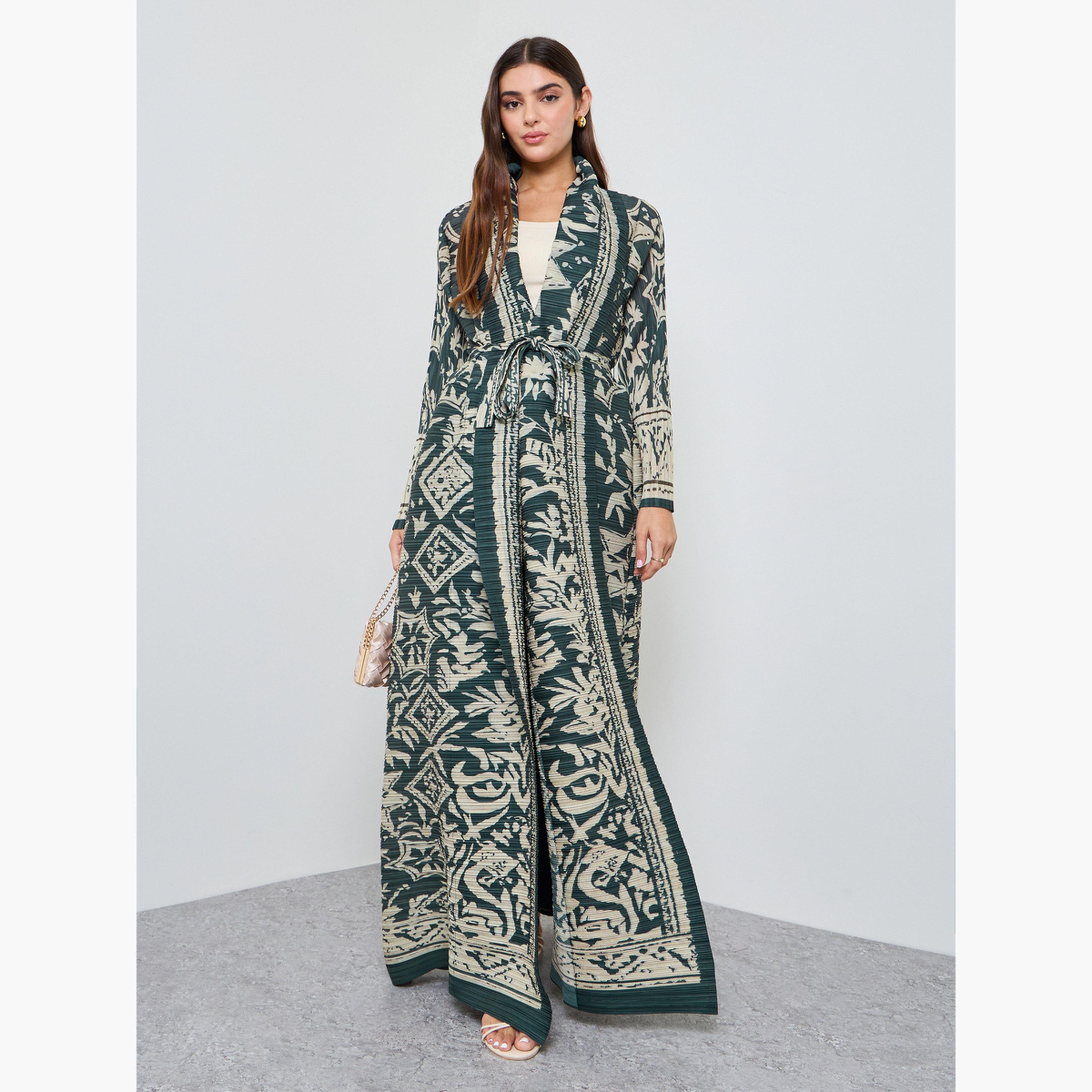 Take Two Green All Over Print Plisse Abaya with Tie-Belt-women-arabicclothing-abayas-image-1