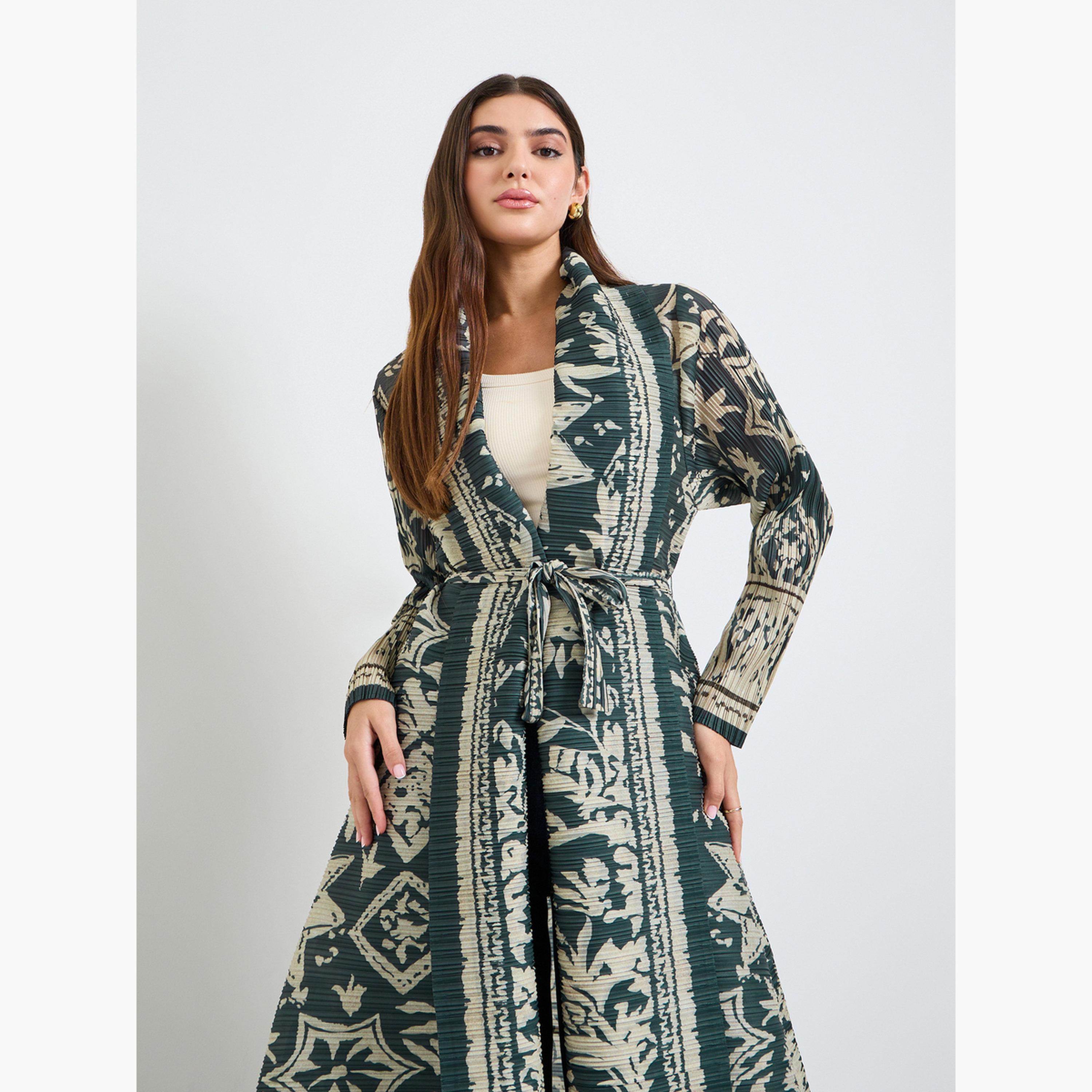 Take Two Green All Over Print Plisse Abaya with Tie-Belt-women-arabicclothing-abayas-image-2