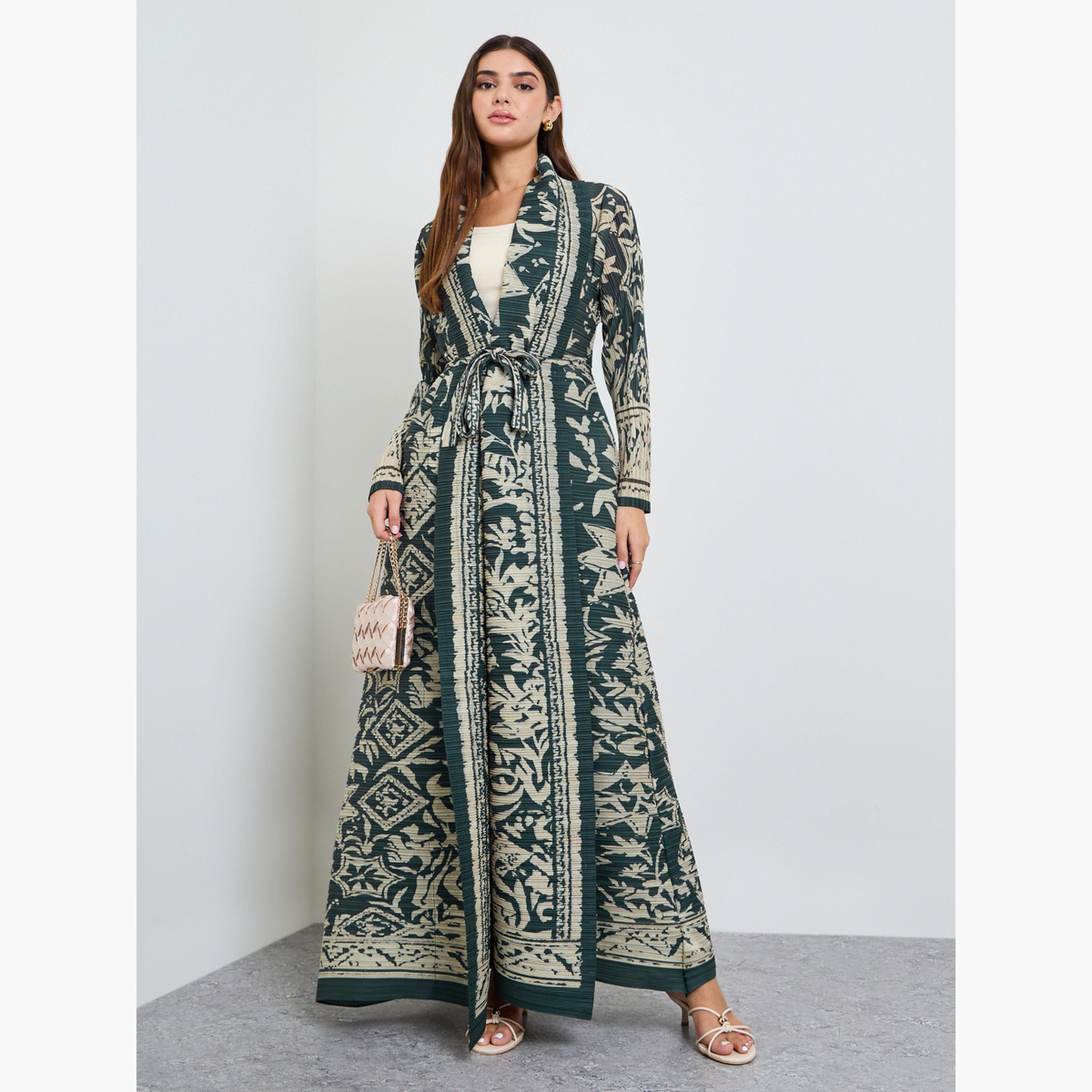Take Two Green All Over Print Plisse Abaya with Tie-Belt-women-arabicclothing-abayas-image-3