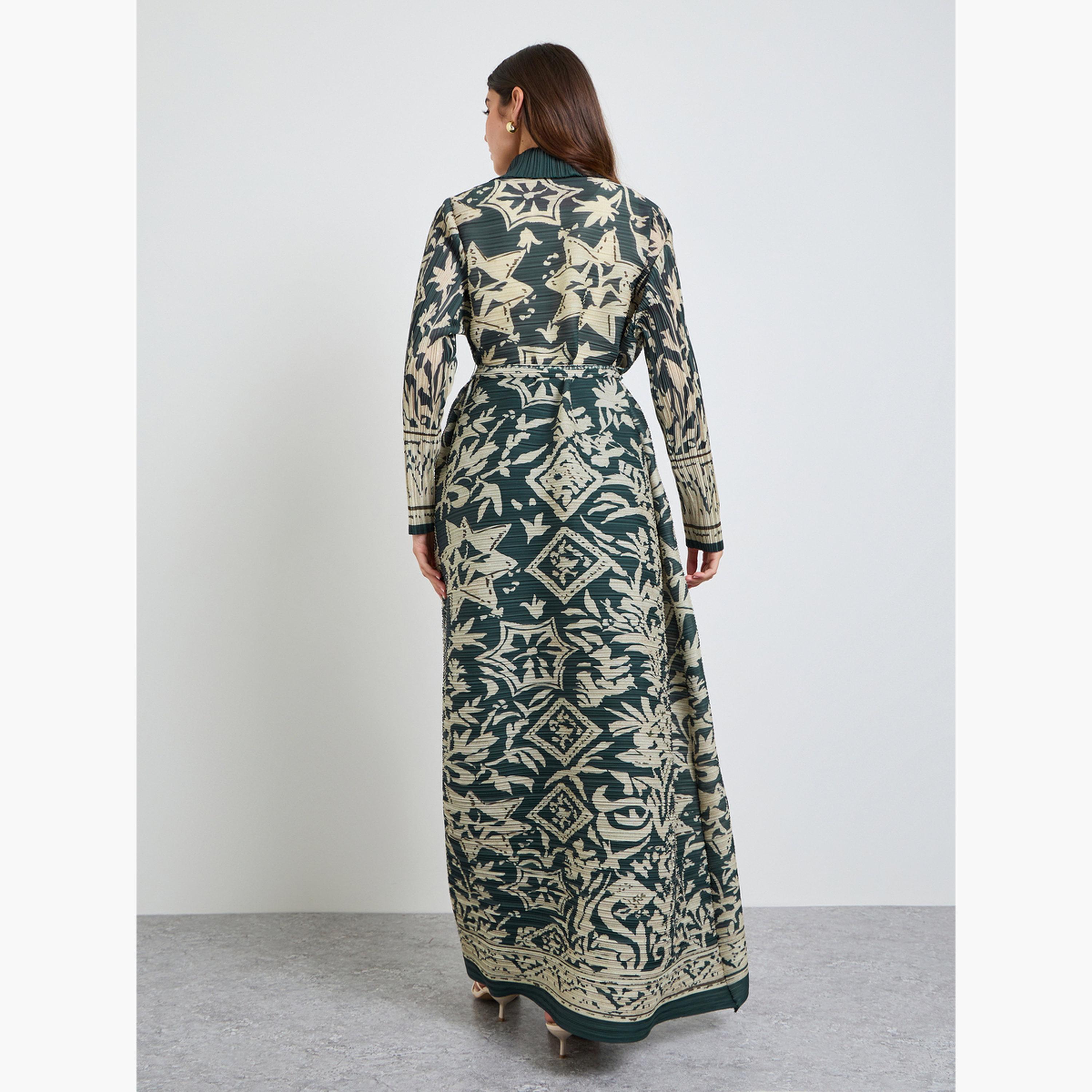 Take Two Green All Over Print Plisse Abaya with Tie-Belt-women-arabicclothing-abayas-image-4