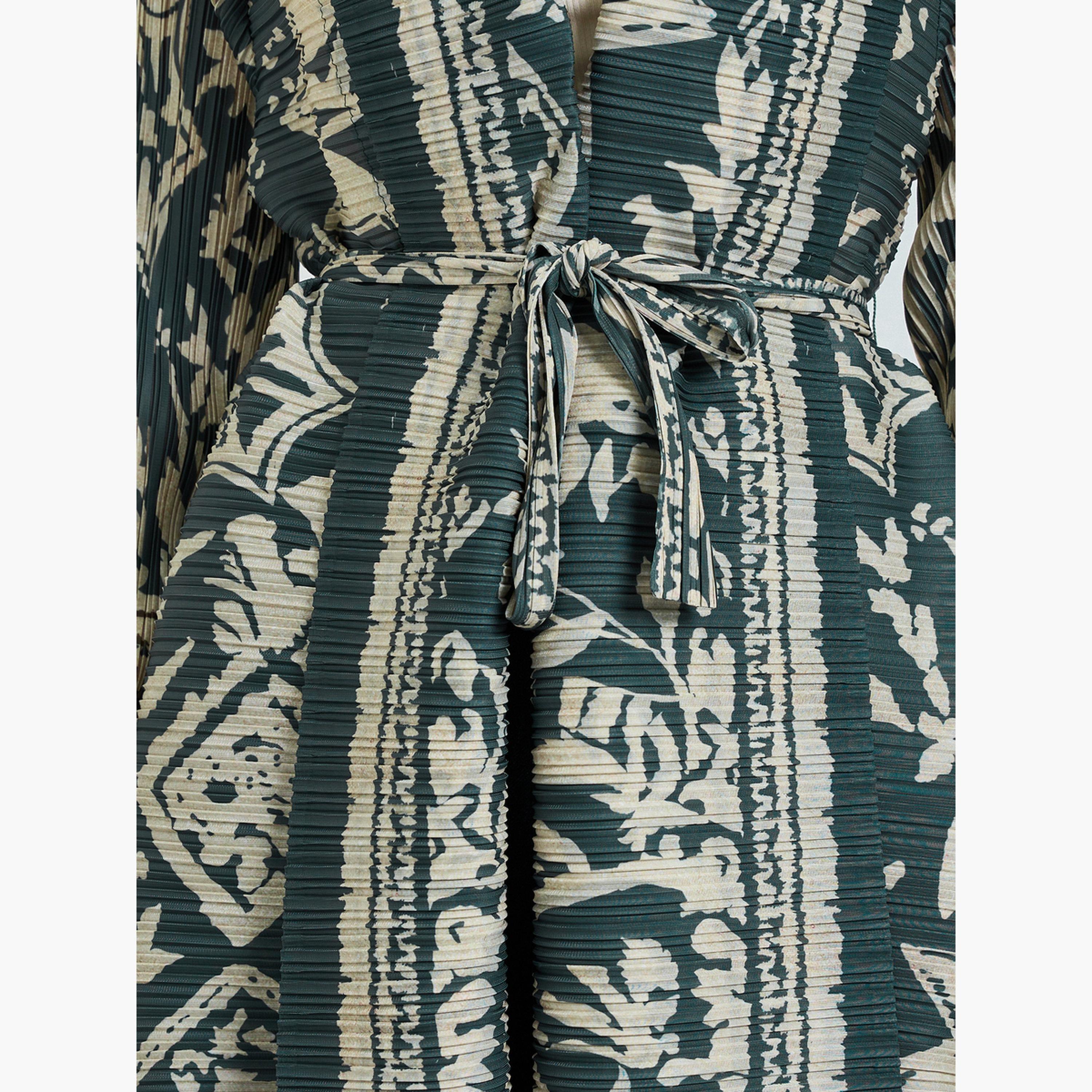 Take Two Green All Over Print Plisse Abaya with Tie-Belt-women-arabicclothing-abayas-image-5