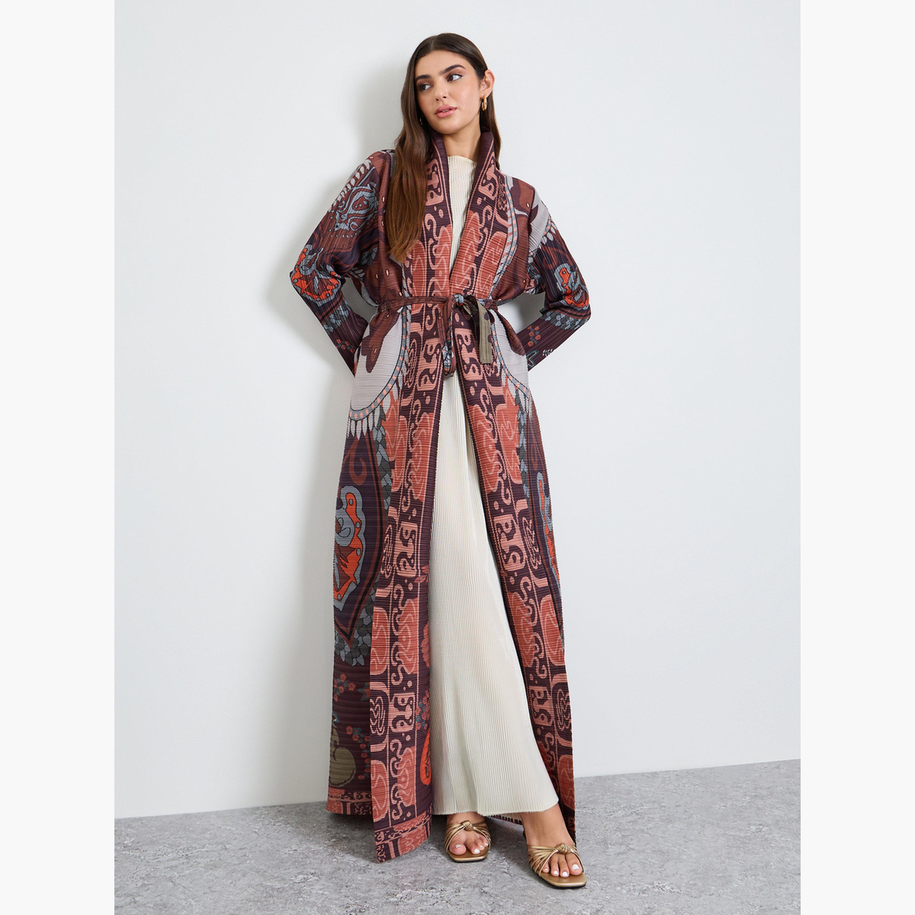 Take Two Multi All Over Print Plisse Abaya with Tie-Belt-women-arabicclothing-abayas-image-1