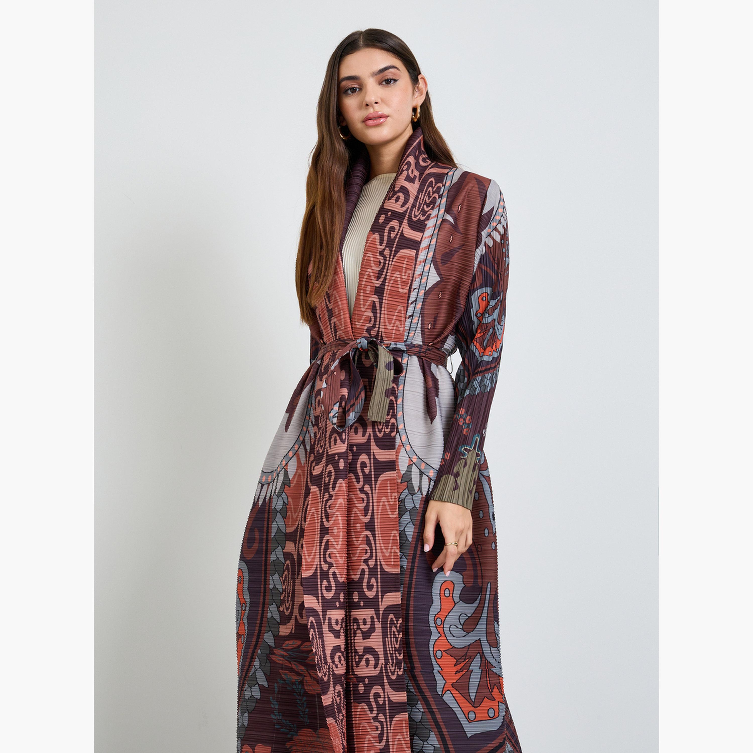 Take Two Multi All Over Print Plisse Abaya with Tie-Belt-women-arabicclothing-abayas-image-2