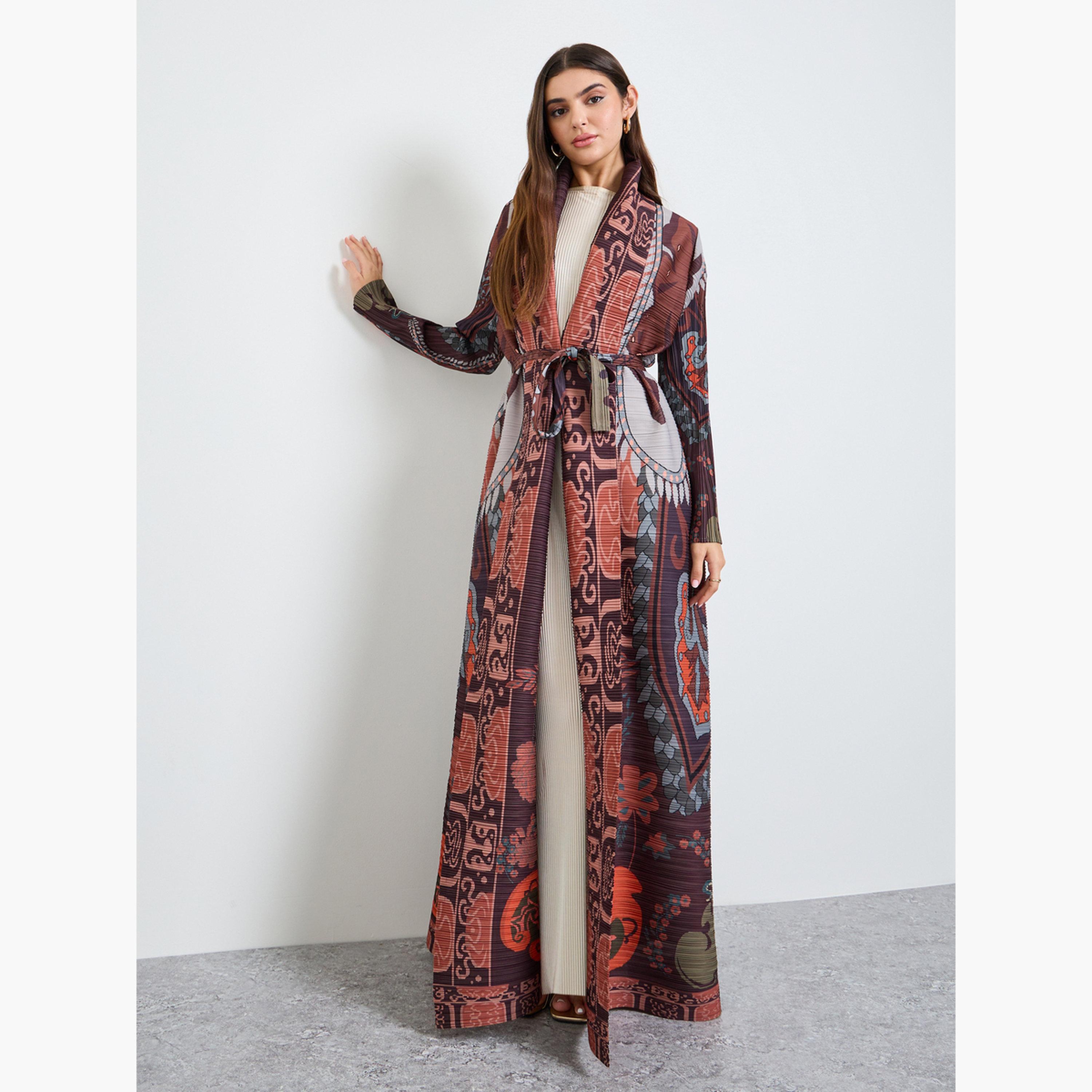 Take Two Multi All Over Print Plisse Abaya with Tie-Belt-women-arabicclothing-abayas-image-3
