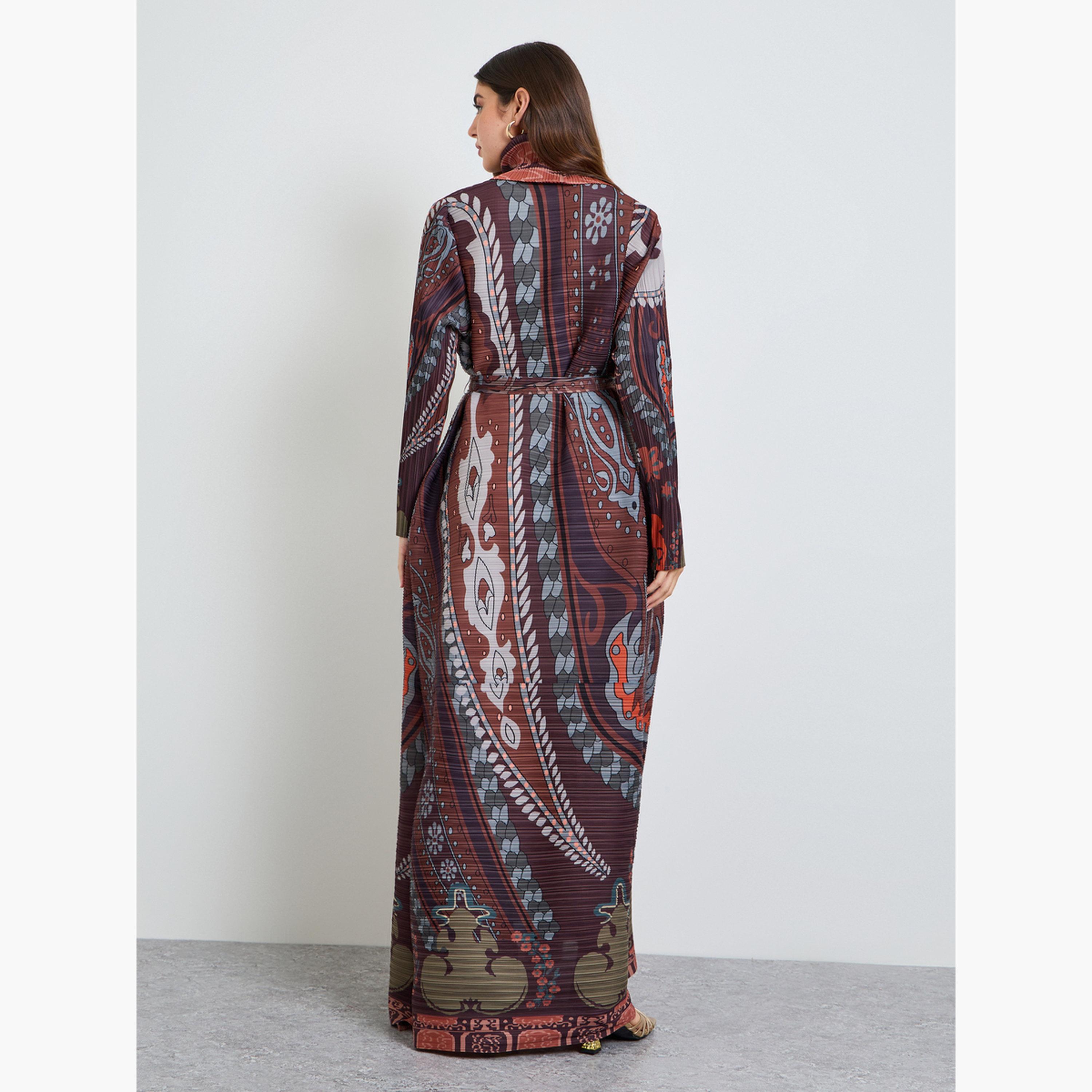 Take Two Multi All Over Print Plisse Abaya with Tie-Belt-women-arabicclothing-abayas-image-4