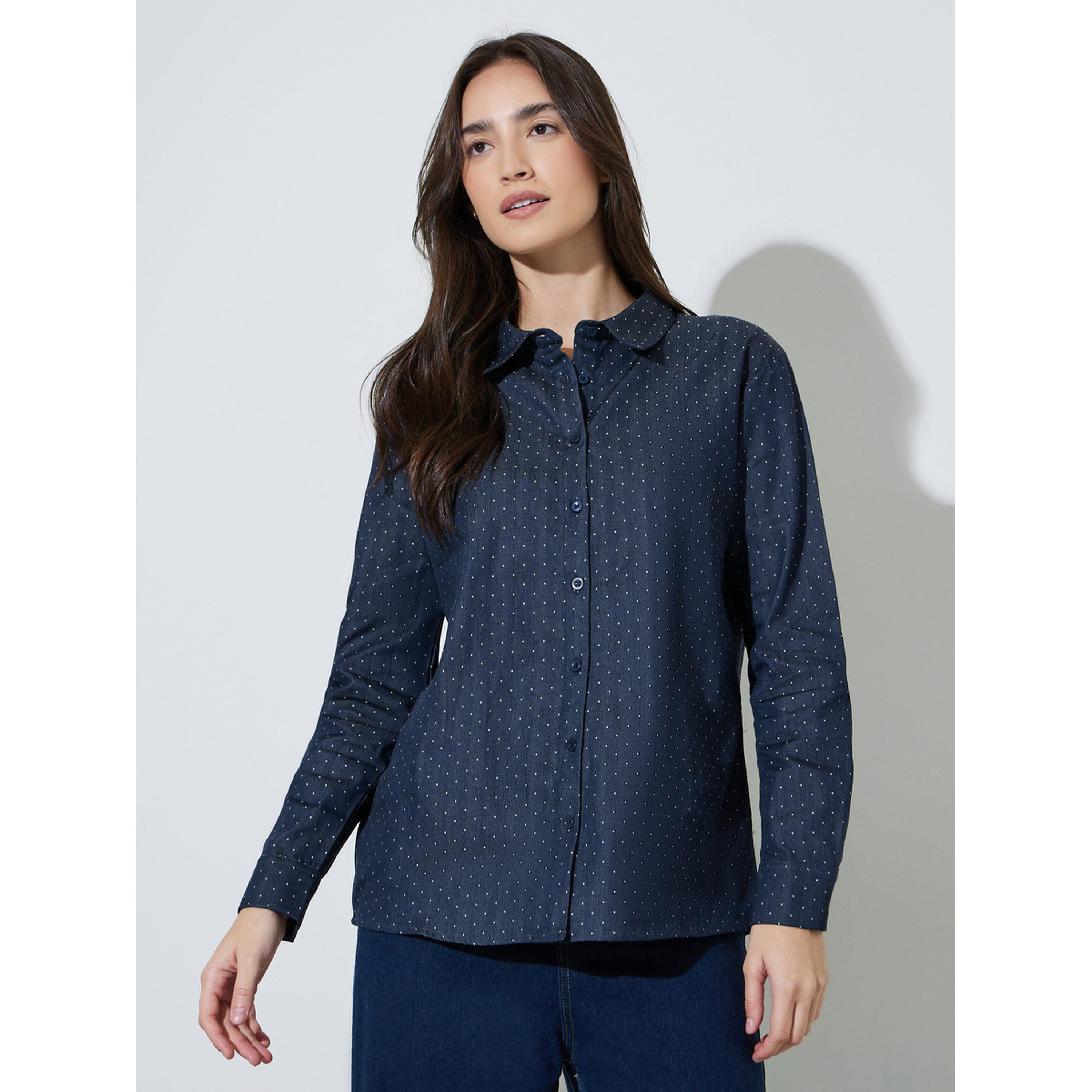 Styli Dark Blue Striped Regular Fit Cotton Shirt-women-clothing-shirtsandblouses-shirts-image-1