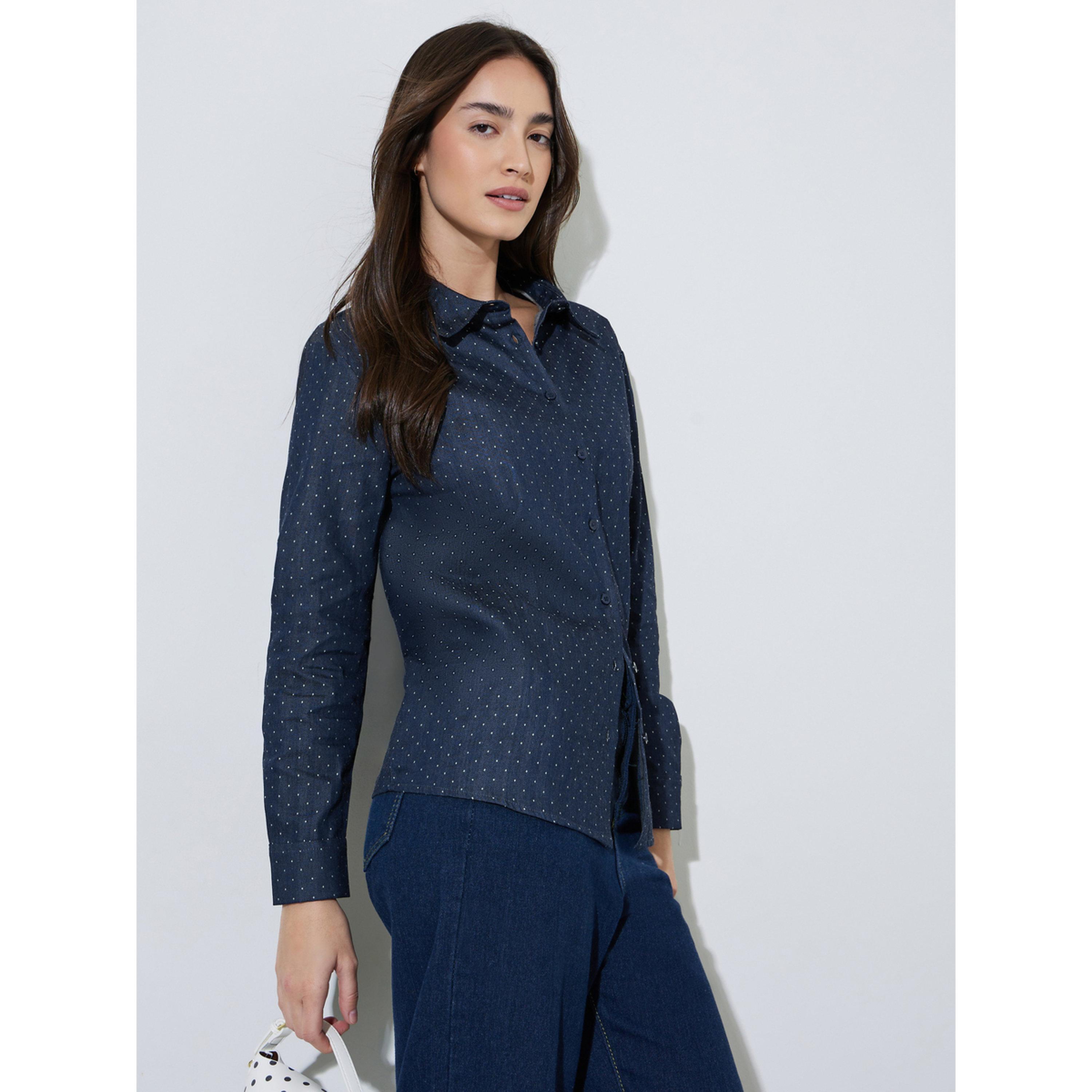 Styli Dark Blue Striped Regular Fit Cotton Shirt-women-clothing-shirtsandblouses-shirts-image-4