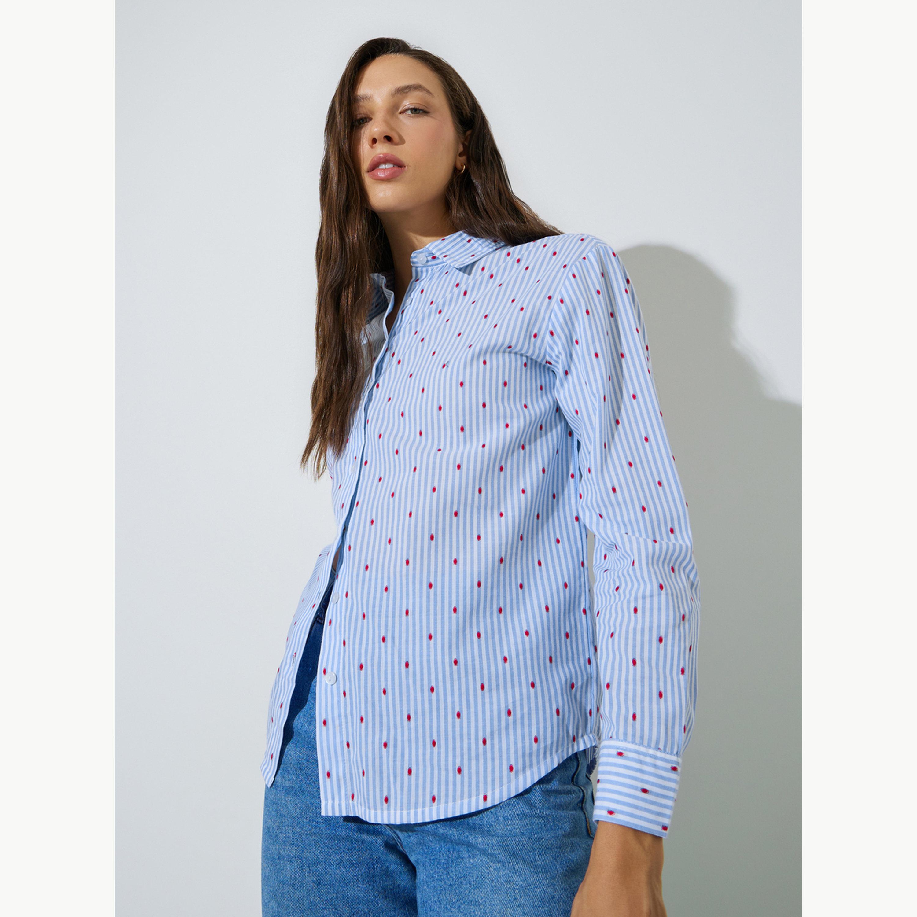 Styli Blue Striped Regular Fit Cotton Shirt-women-clothing-shirtsandblouses-shirts-image-1