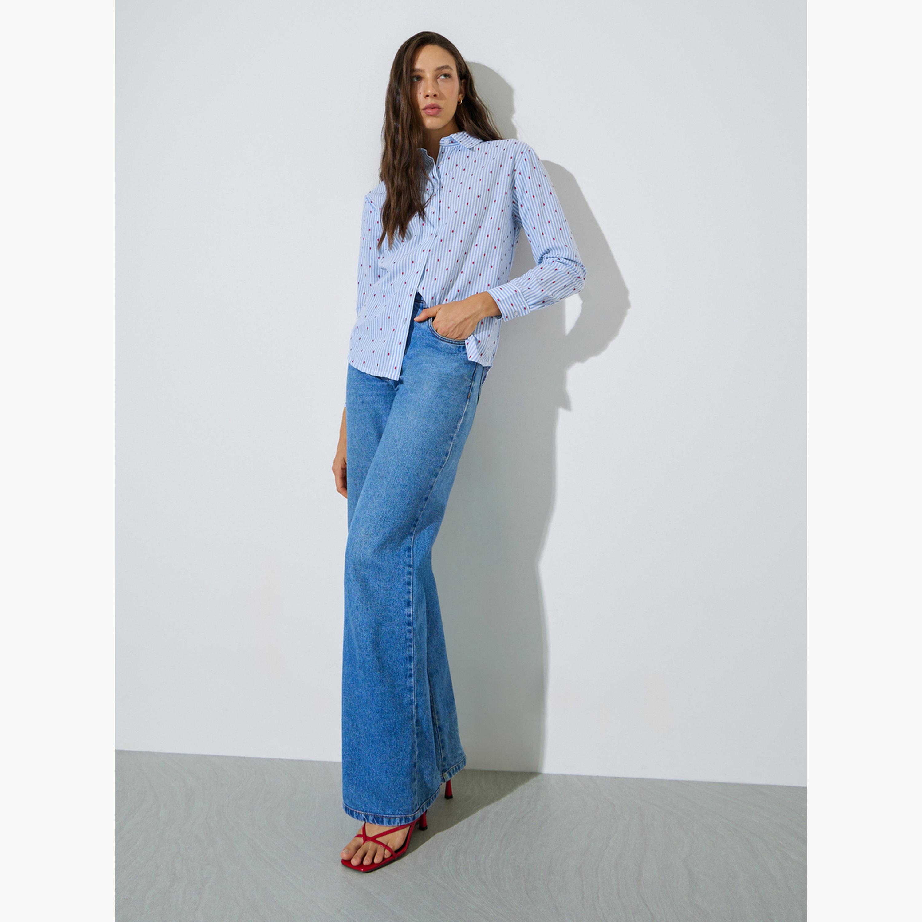 Styli Blue Striped Regular Fit Cotton Shirt-women-clothing-shirtsandblouses-shirts-image-2