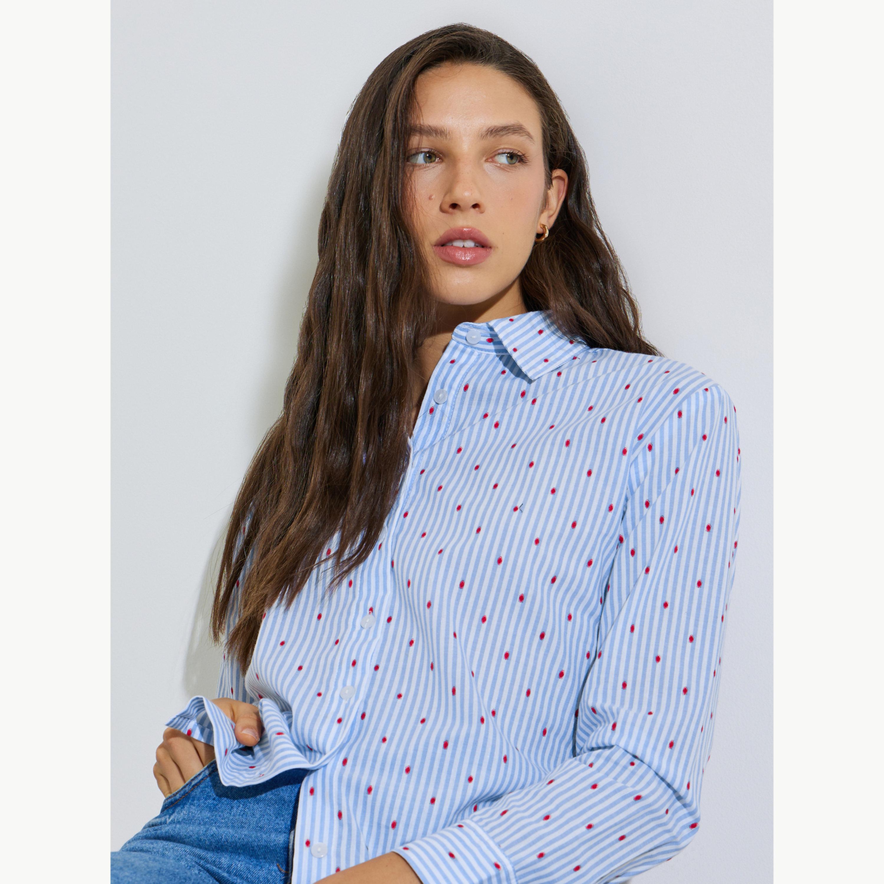 Styli Blue Striped Regular Fit Cotton Shirt-women-clothing-shirtsandblouses-shirts-image-3