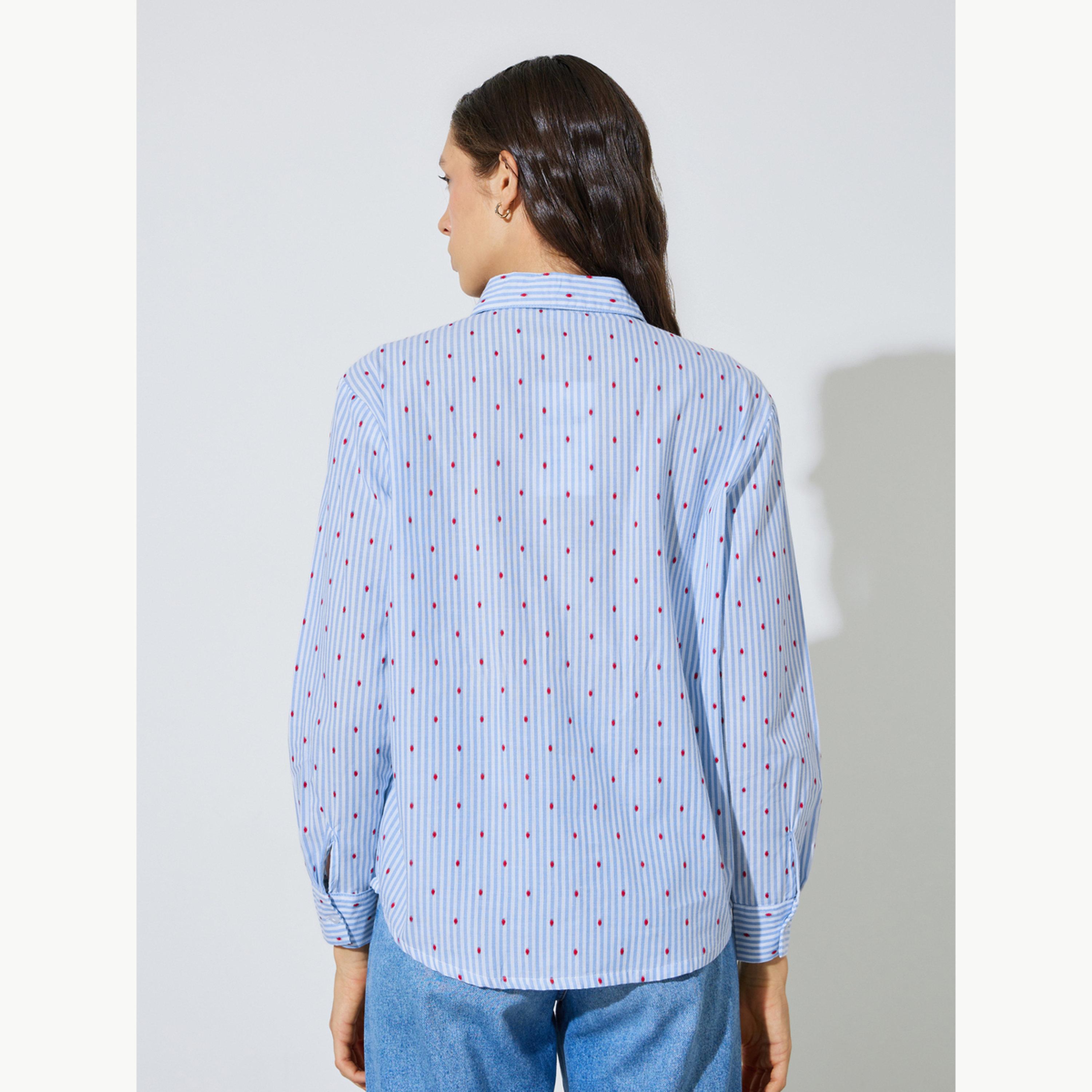 Styli Blue Striped Regular Fit Cotton Shirt-women-clothing-shirtsandblouses-shirts-image-4