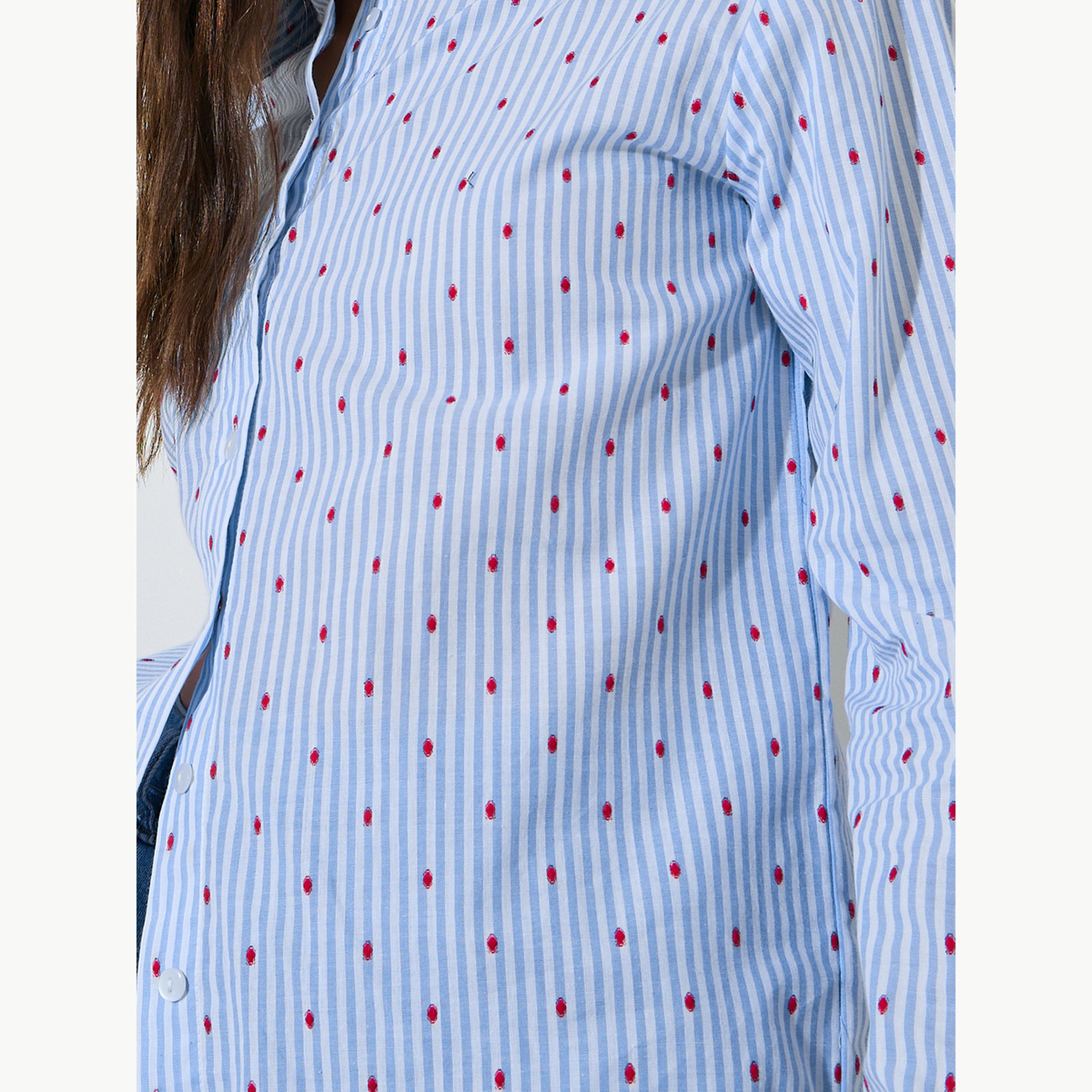 Styli Blue Striped Regular Fit Cotton Shirt-women-clothing-shirtsandblouses-shirts-image-5