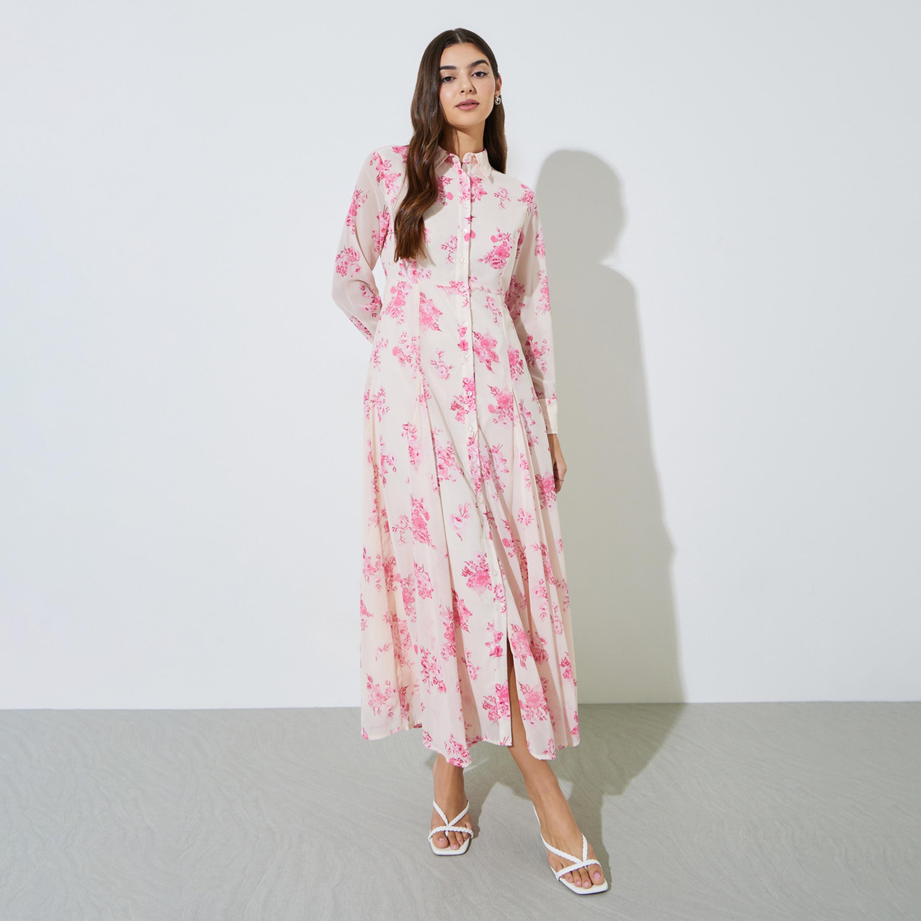 Styli Off-White Floral Print Long Sleeves Shirt Maxi Dress-women-clothing-dresses-image-1
