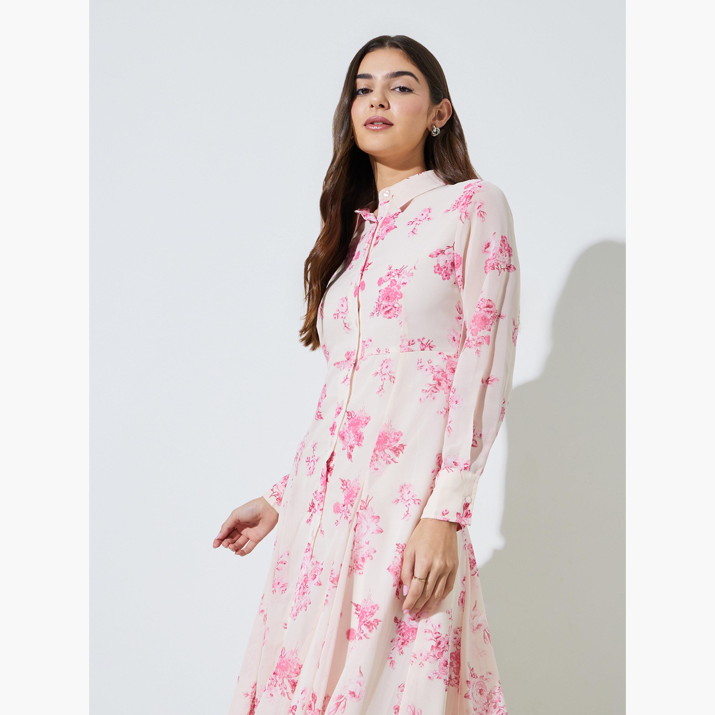 Styli Off-White Floral Print Long Sleeves Shirt Maxi Dress-women-clothing-dresses-image-2