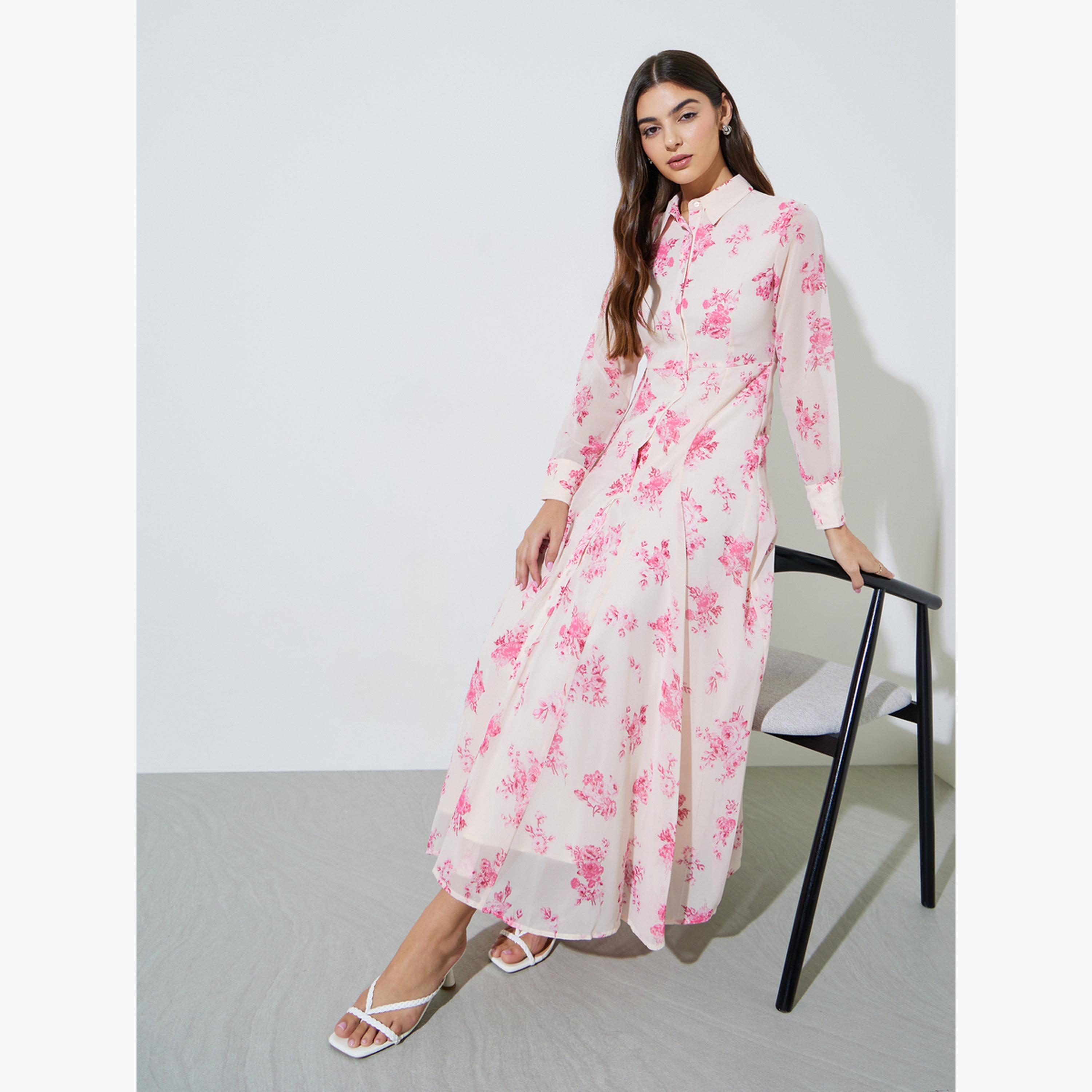 Styli Off-White Floral Print Long Sleeves Shirt Maxi Dress-women-clothing-dresses-image-3